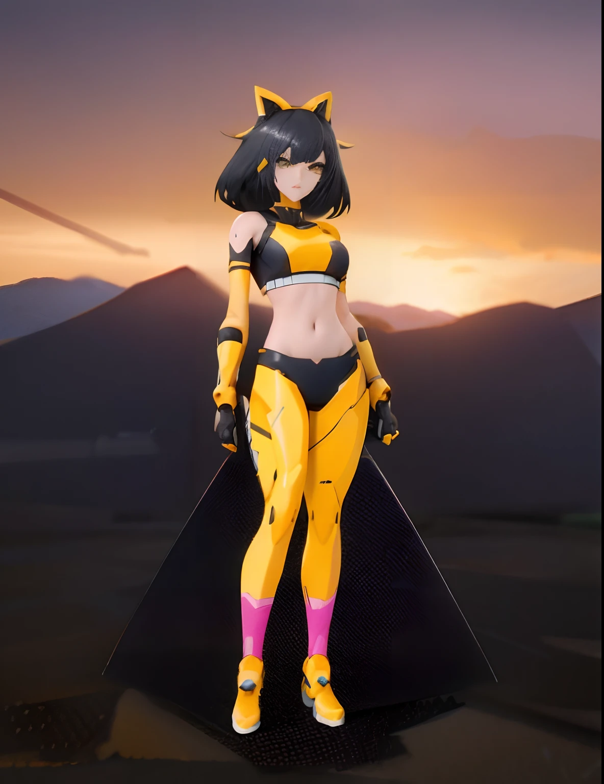 Close-up of a woman in a yellow and black outfit, senna from league of legends, katana zero video game character, anime vtuber full body model, anime styled 3d, Glamorous Angivumen DiGimon, anya from spy x family, Anime character; full body art, anime cat girl, anime girl of the future, realistic anime 3 d style