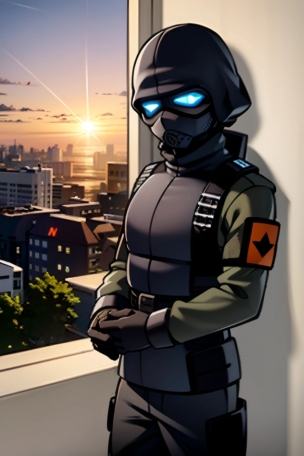 young man, Military soldier, camouflage pants, army combat shirt, black bulletproof vest, wearing a black balaclava, black ski mask, blue eyes, in a tower, Sunset