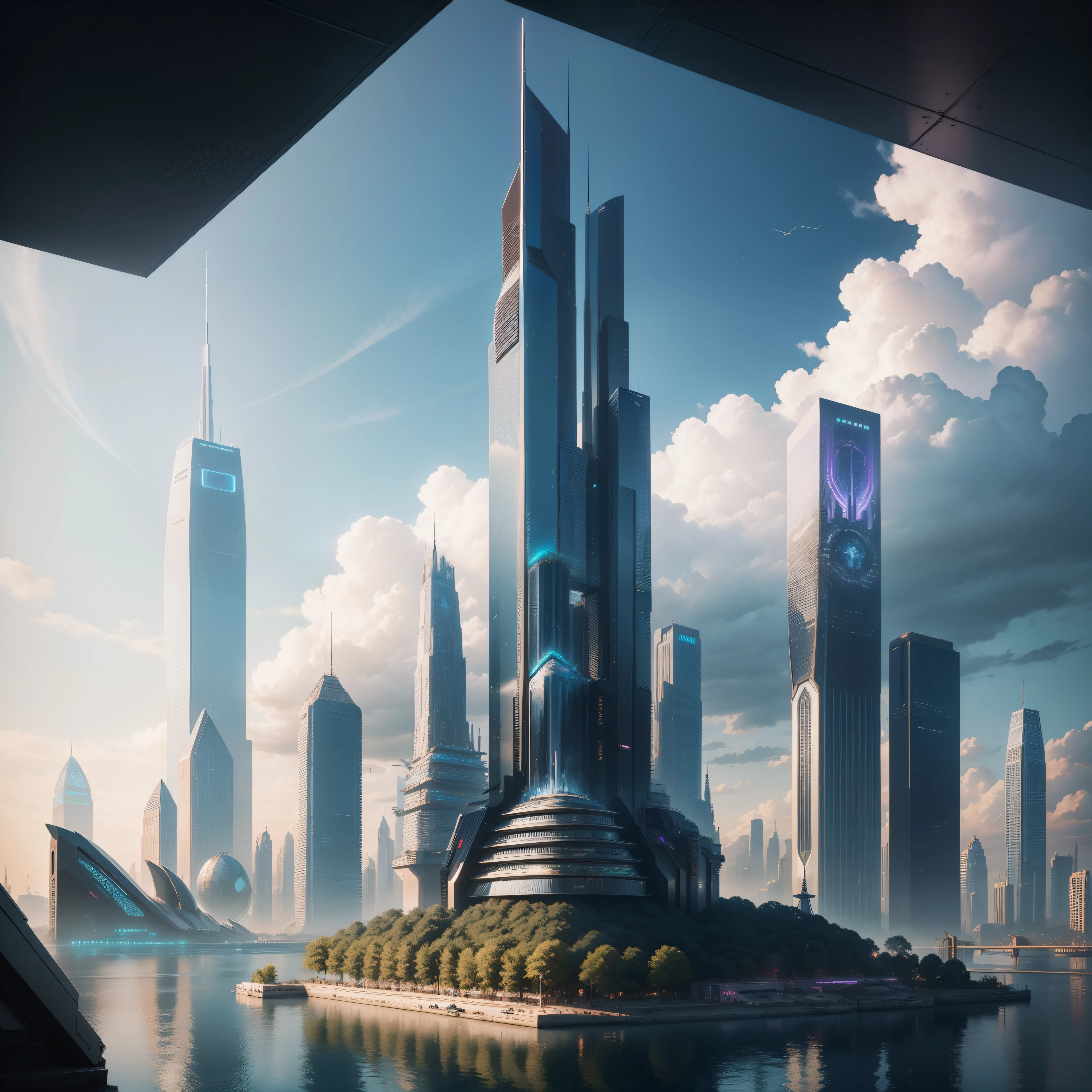 Views of the cyberpunk world of the harbor、ＳＦA tall skyscraper piercing through an art cloud　epcot　dream　Huge skyscrapers　top-quality　​masterpiece　超A high resolution　futuristic cities　Super huge waterfall　Huge construction