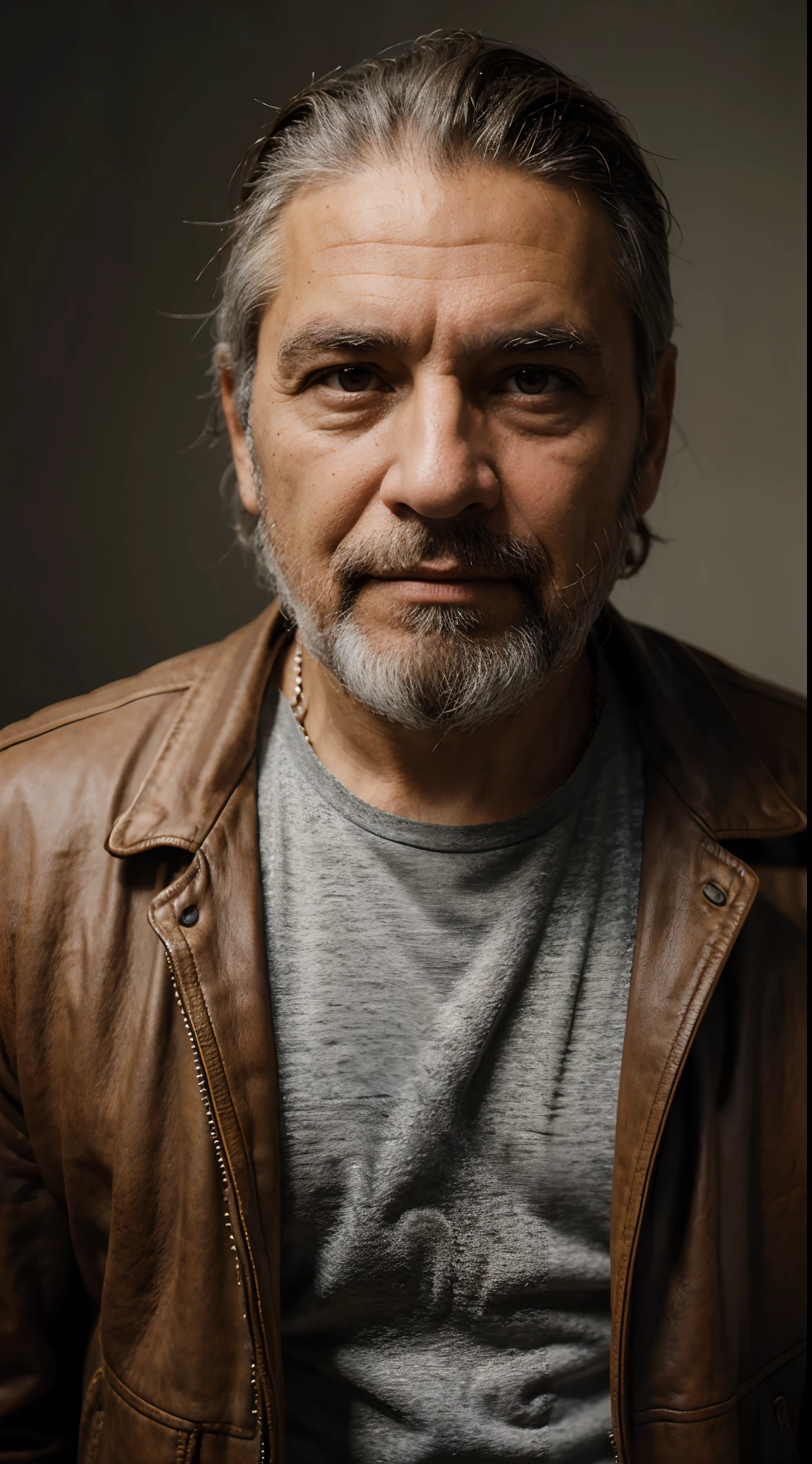 Man with beard and leather jacket looking at camera, Retrato de 50 mm, Hombre de cabello gris oscuro, Retrato de anciano, portrait photo of an old man, color photograph portrait 4k, Retrato ultra detallado, Retrato de 60 mm, Viejo ciberpunk, barba gris, Viejo sabio, 50 mm lens photo portrait, Retrato disparado 8K