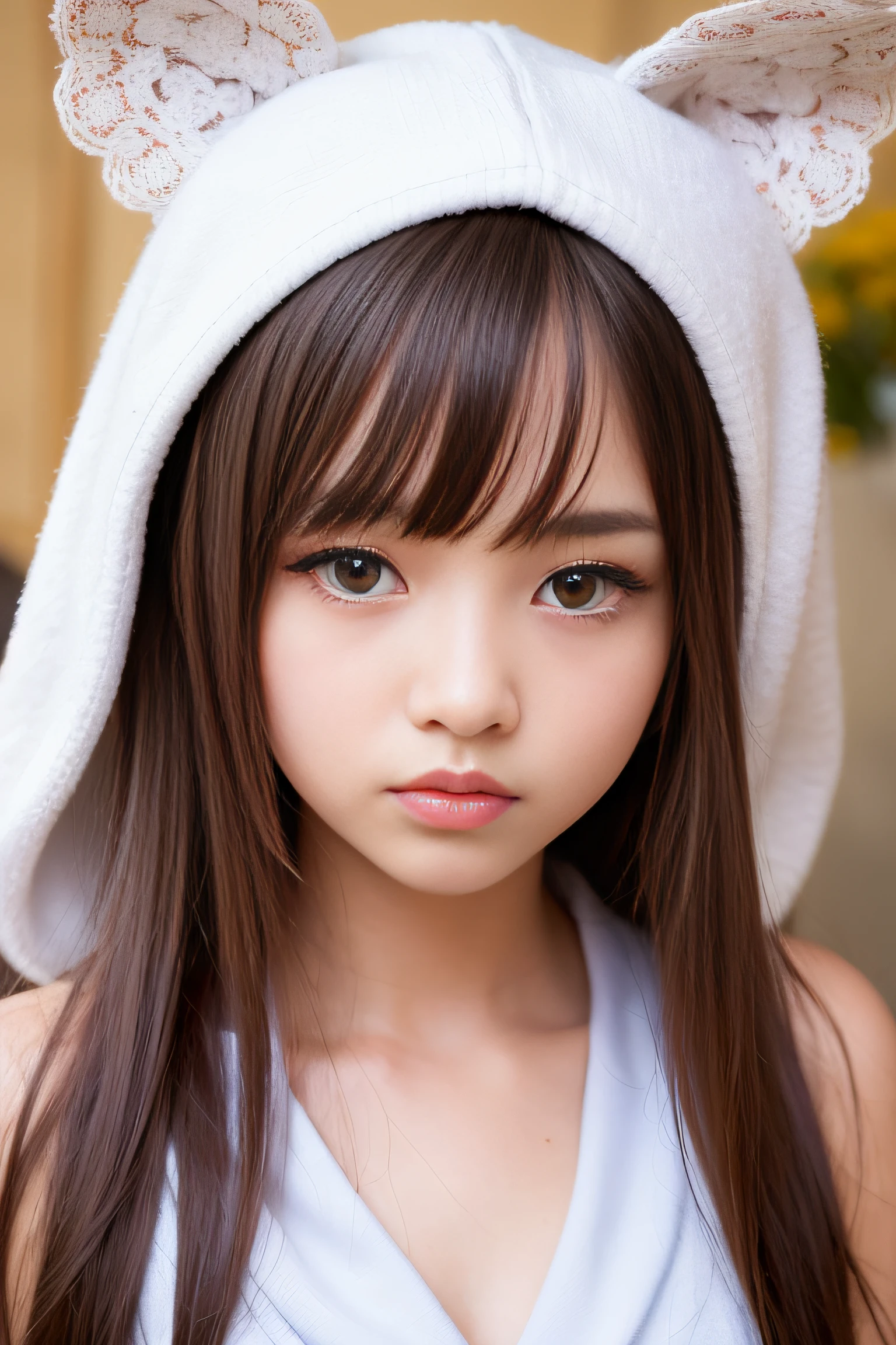 Platinum Blonde Super Long Silky Straight Hair、portlate、bright expression、poneyTail、Young shiny shiny white shiny skin、Best Looks、shiny light hair、Beautiful bangs that shine、Double eyelids、eye liner、Crystal clear big blue eyes that shine attractively、a small face、Very beautiful lovely cute 18 year old Eastern European girl