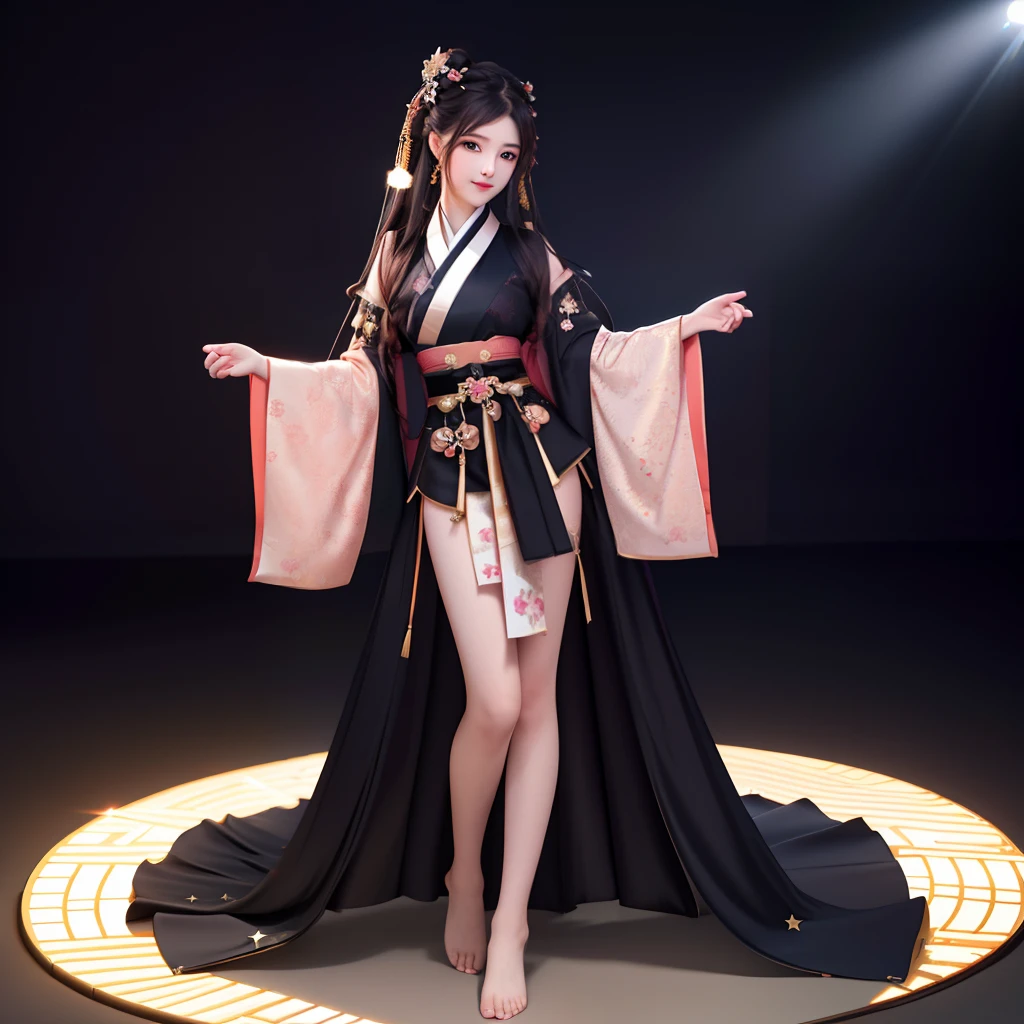 best quality, masterpiece, highres, 1girl,blush,(seductive smile:0.8),star-shaped pupils, china hanfu in dark black, Beautiful face, showing legs, hands hided, barefoot, full body, tyndall effect,photorealistic, dark studio, rim lighting, two tone lighting,(high detailed skin:1.2), 8k uhd, dslr, soft lighting, high quality, volumetric lighting, candid, Photograph, high resolution, 4k, 8k, Bokeh