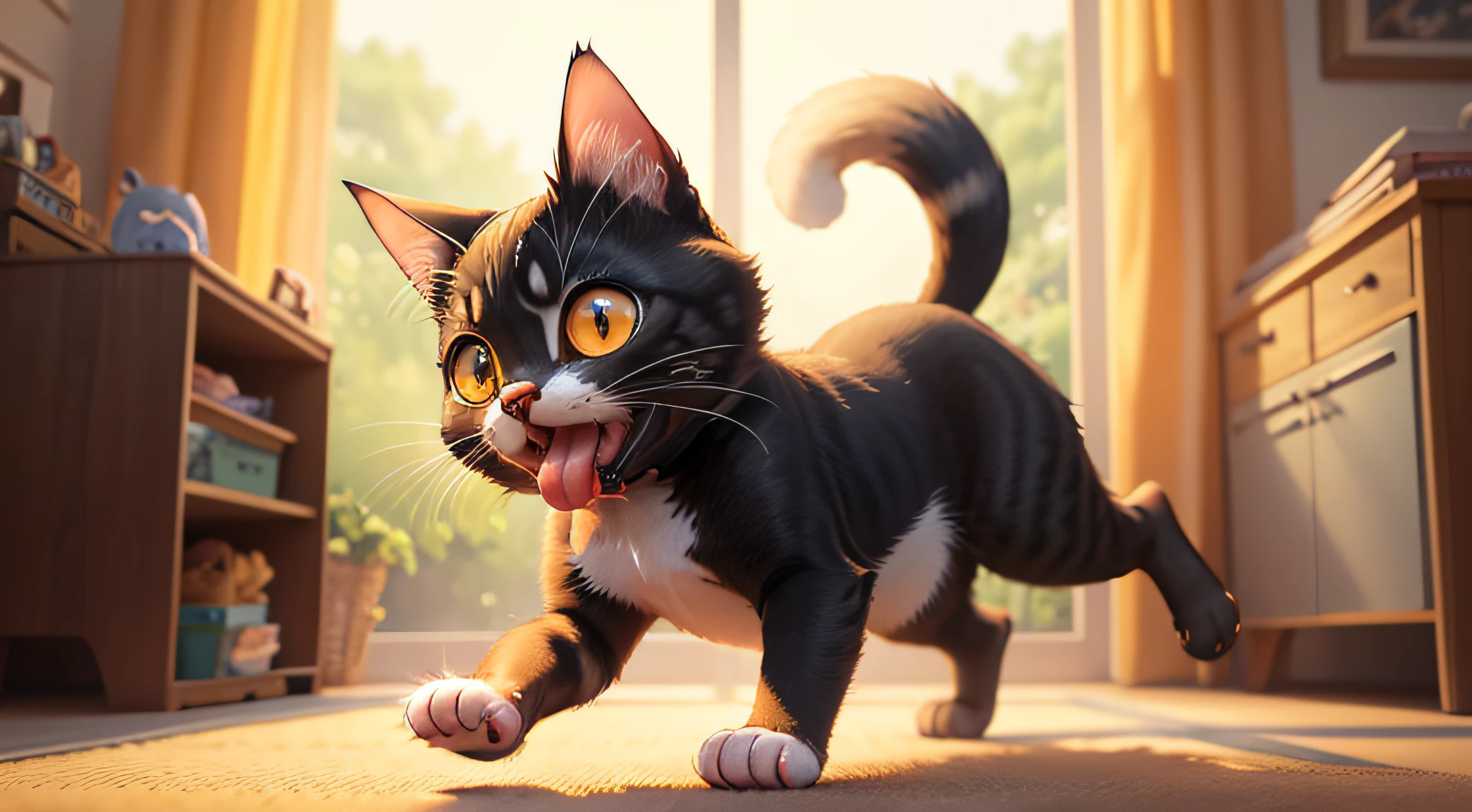 Front view of a cat running, with its tongue sticking out, Pixar Style Movie, so cute, big eyes, bright eyes, pretty eyes, orange full body, distant view