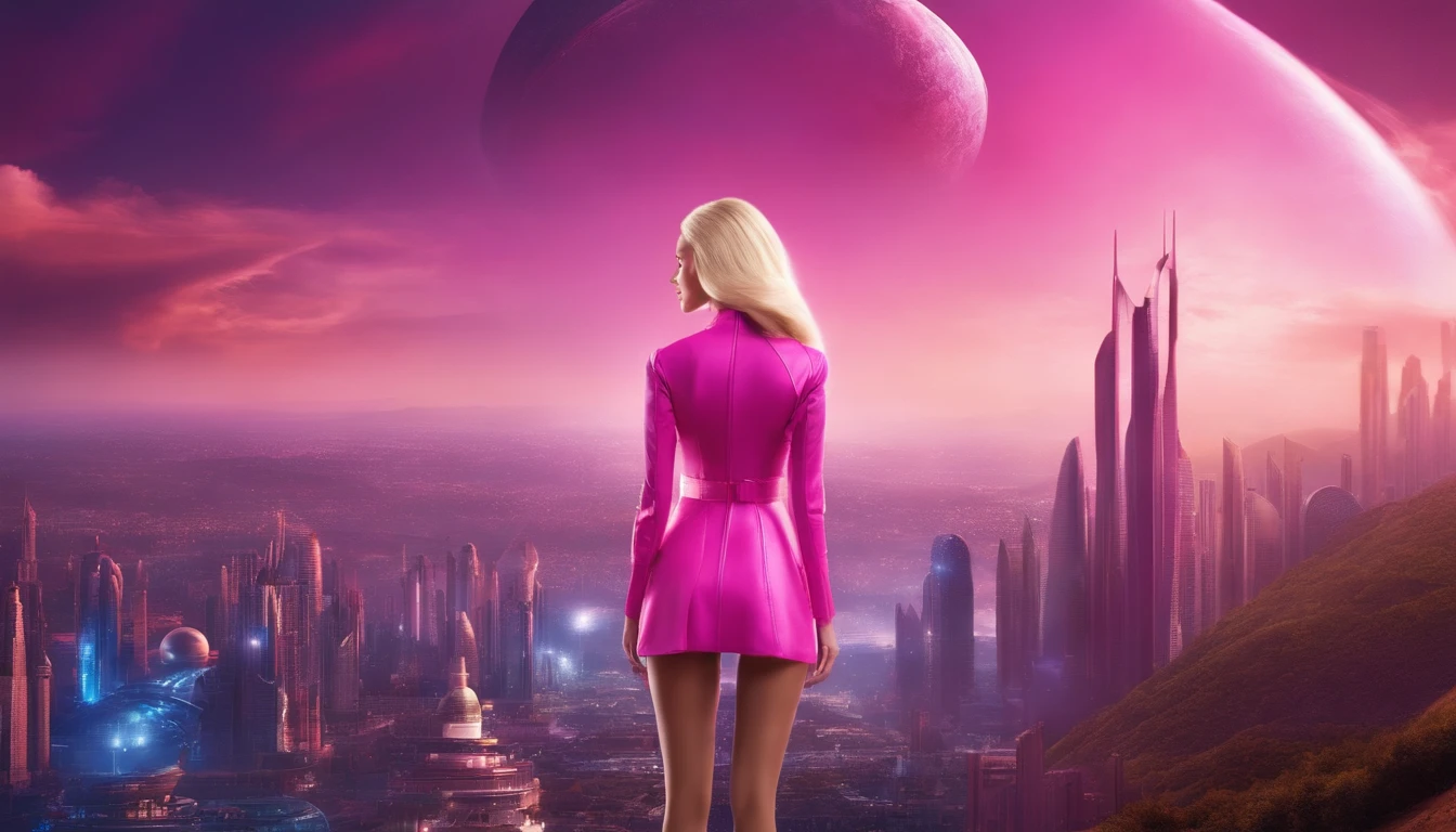 high quality, futuristic, blonde girl like barbie, pink outfit, in a futuristic city, with planet earth in the background