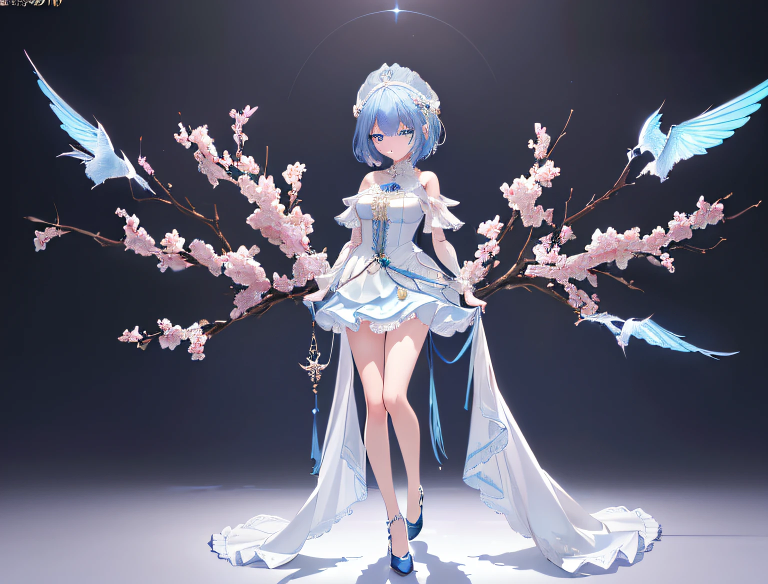 (Official art、Best Quality、Unity 8k Wallpapers、32K、masterpiece、ultra-detailliert、超A high resolution、realisitic、Photorealsitic:1.2)、(Cinematic lighting:1.2)、Fireglow effect、film grains、Best Shadows、(masterpiece:1.21), (top-quality:1.331), ((ultra-detailliert)), ((Superb illustration)), ((astounding)), (An ultra-high picture quality), Gorgeous and rich graphics, (extremely delicate and beautiful:1.21), 8K, wall-paper, (Very beautiful lighting), hard lights,(beautiful finely detailed eyes)、1girl in、(Full body portrait:1.8)、(Full body:1.5)、 (super detailed skin、detailed skin textures:1.3)、独奏、full bodyesbian、From head to toe、is standing、blue hairs、(shorth hair:1.3)、blue eyess、(Detailed beautiful face and eyes:1.5)、Sharp pupils、sullenness、frontage、masterpiece、top-quality、black backgrounds、Empty background