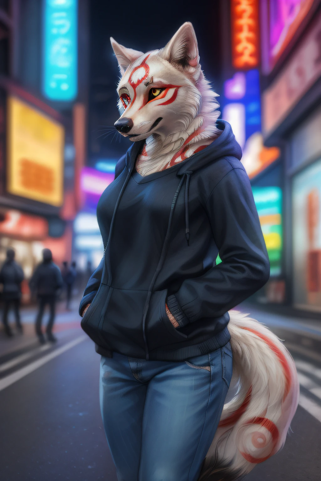 amaterasu \(okami\), female, solo, yellow eyes, black sclera, breast, safe, 4 toes, paws, claws, feet, clothed, wearing black hoodie, jeans, markings, white fur, street, tokyo, neon lights
BREAK,
by rukis, by personalami, by kenket, (intricate, high detail, film photography, soft focus, RAW candid cinema,
photorealism, realistic, photorealistic, analog style, subsurface scattering,
masterpiece, best quality, ultra realistic, 8k)