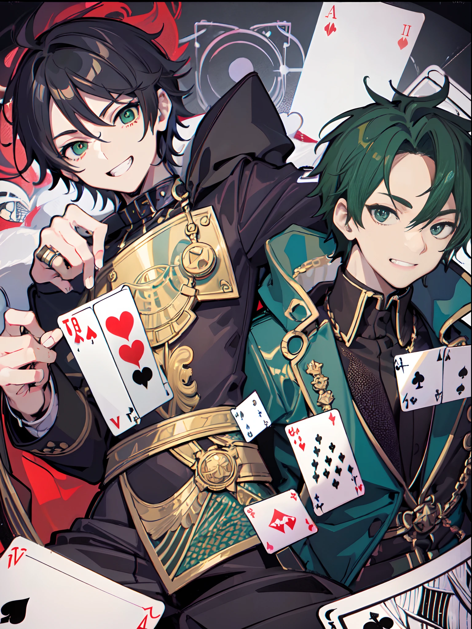(2man),(playing card),spade,many many card, masterpiece, ULTRA DETAILED,( male relationship),modern art style,fullbody,keeping card, grin smiling, 20 years old man,Perfect body,Britain motif, black jacket, belt, large black hair/(male 1/) , green hair, forehead short hair/(male 2/), (gay), cinematic,add_detail:1, add_detail:0, add_detail:0.5,COLORFUL PORTRAITS, male relationship