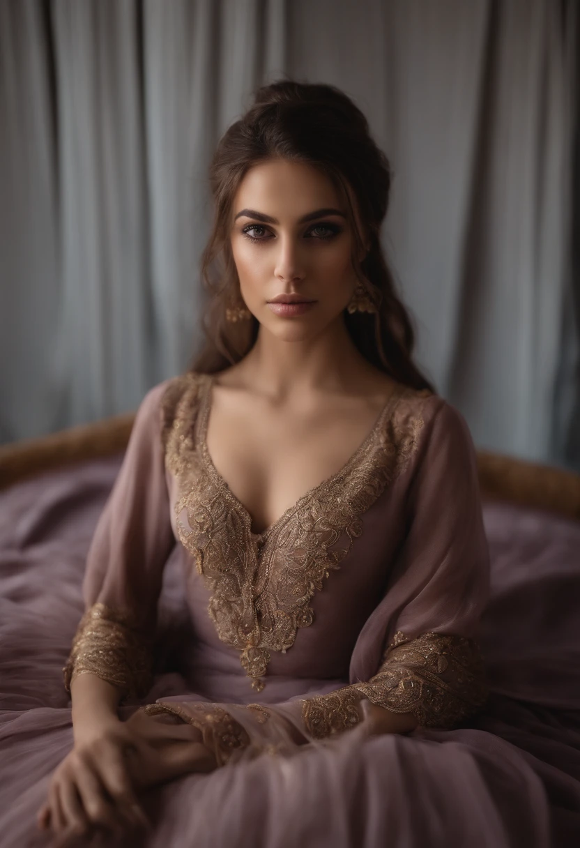 Arafed woman completely , arabe, moyen orient, fille sexy aux yeux bruns, ultra realist, Meticulously detailed, Portrait Sophie Mudd, cheveux bruns et grands yeux, selfie of a young woman, Yeux de chambre, Violet Myers, sans maquillage, maquillage naturel, looking straight at camera, Visage avec Artgram, Maquillage subtil, Great photo of the whole body kneeling on the bed, dans le salon, Medium to large bust