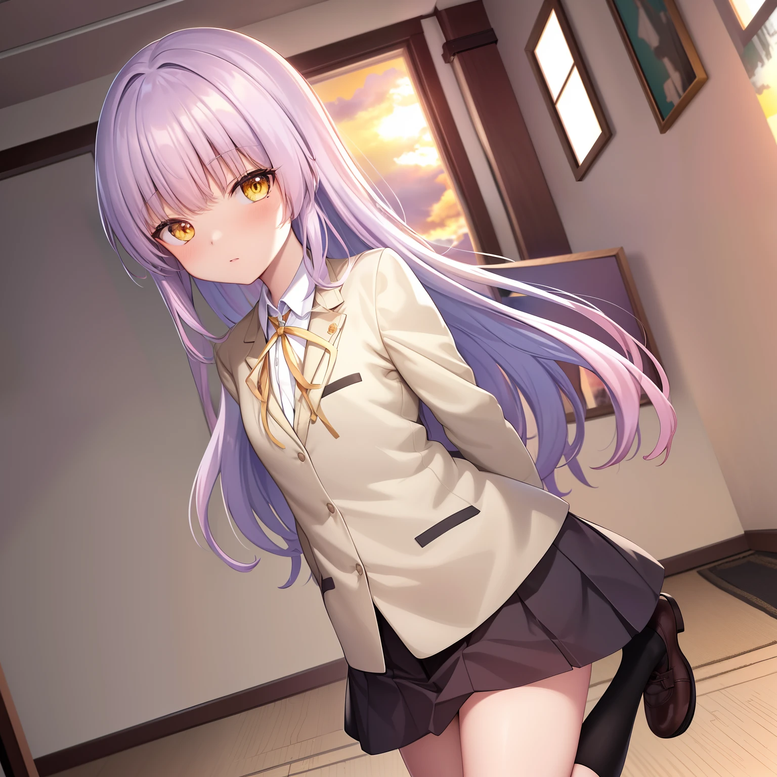 ,masutepiece, Perfect face,(dense lines:1.0), (Ultra-detailed:1.2), (Oil Painting:0.9), (the Extremely Detailed CG Unity 8K Wallpapers:1.2),
Looking at Viewer,(((crass room))),(((Sunset))),
1girl in,Solo,Long hair,School uniform,Jacket,Yellow eyes,Blazer,Skirt,White socks,shoes,Canadest Girl,Angel Beats!,Light purple hair, In the street