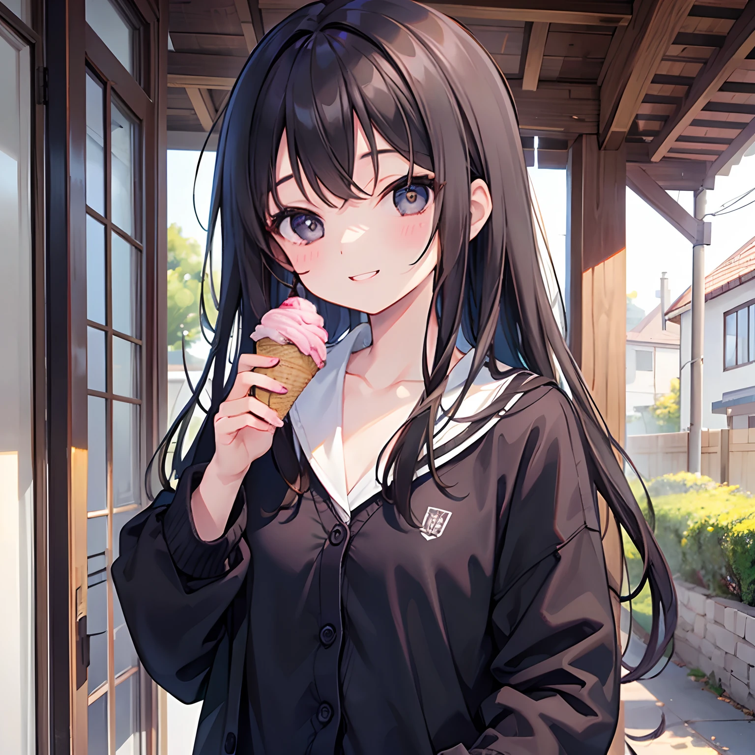 girl with、1 persons、18year old、Dark hair、Black eyes、length hair、A big smile、happiness、Smaller chest、Pupils、校服、Cardigan、Schools、outside of house、having a ice cream