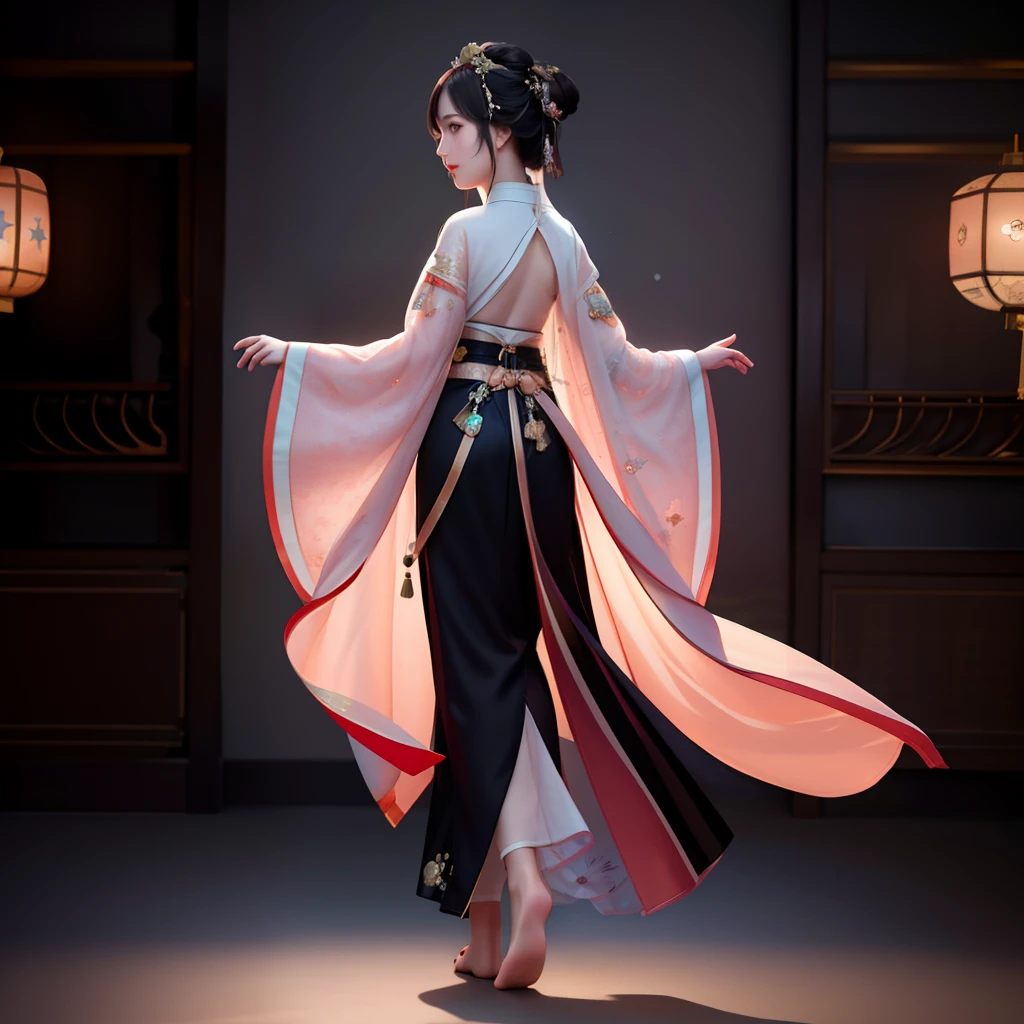 best quality, masterpiece, highres, 1girl,blush,(seductive smile:0.8),star-shaped pupils, china hanfu in dark black, Beautiful face, showing legs, with her back turned, hands hided, barefoot, full body, tyndall effect,photorealistic, dark studio, rim lighting, two tone lighting,(high detailed skin:1.2), 8k uhd, dslr, soft lighting, high quality, volumetric lighting, candid, Photograph, high resolution, 4k, 8k, Bokeh