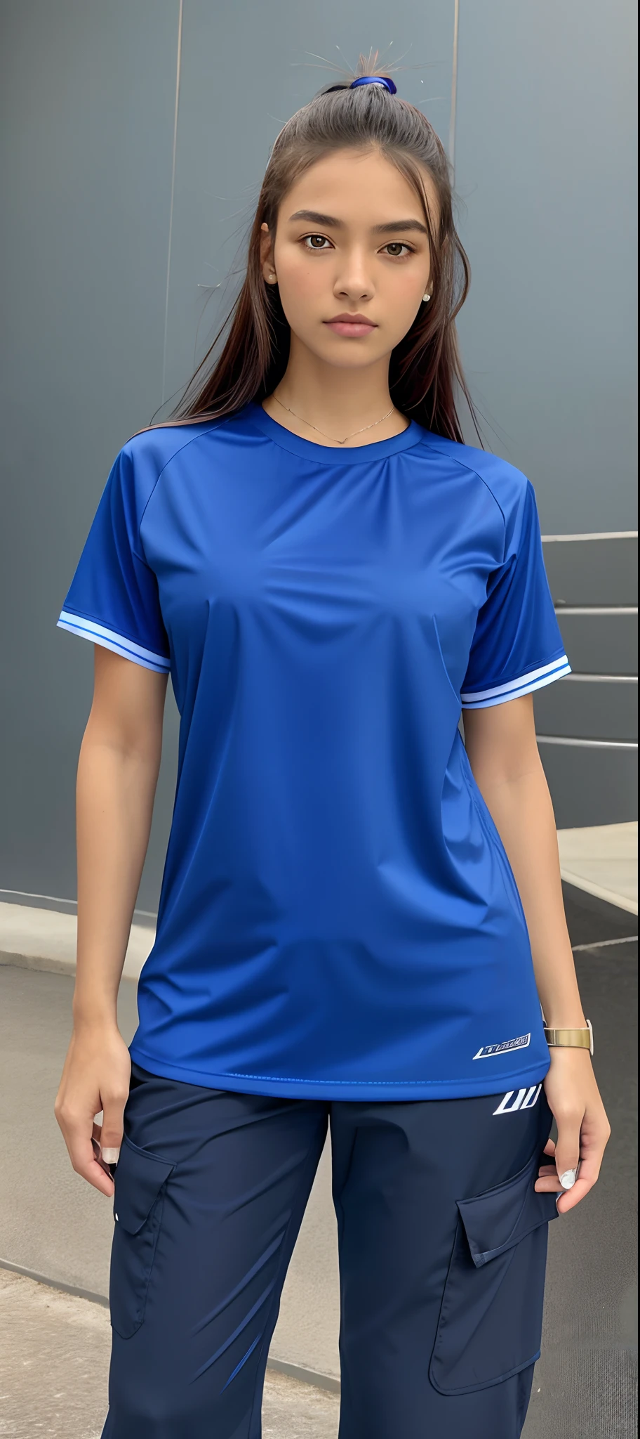 A woman in blue shirt and black pants posing for a photo, tshirt azul apertada, wearing a volleyball jersey, mangas curtas, uniforme azul, camisa azul, 2 mulheres techwear, camiseta esportiva, 🤬 🤮 💕 🎀, Simple uniform sky on the back, azul, tomada em 2 0 2 0, t-topo, azul-real, retrato frontal