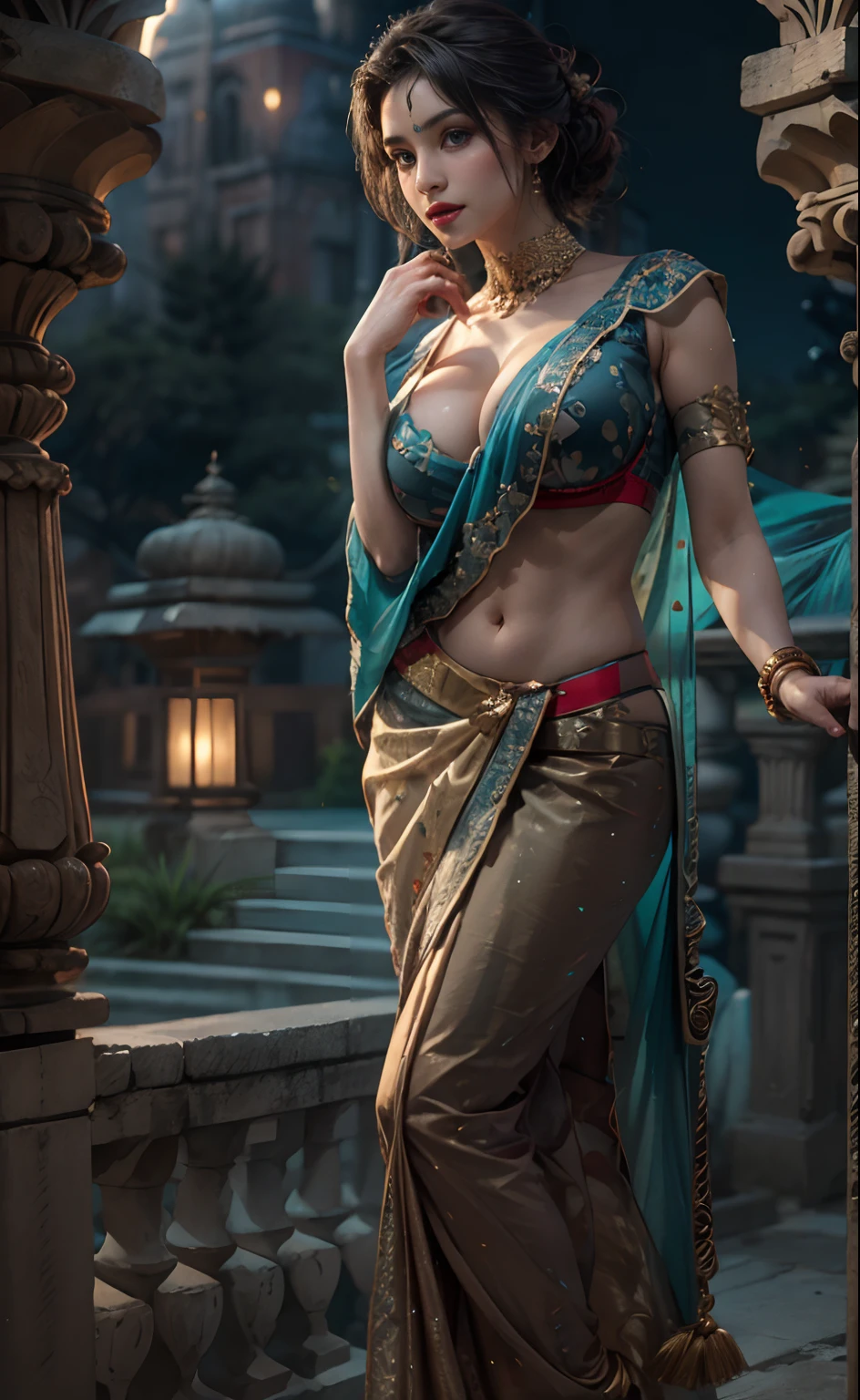 walking in a moonlit courtyard, exotic girl, indian, looking at the viewer, shining skin, perfect lighting, the embodiment of grace and elegance, (saree and bra), (Big Tits:1.5), cleavage, clear curvy details, beautiful curves, detailed eyes, detailed pupil, volumetric lighting, Ultra Detailed, unity 8k wallpaper, ultra detailed, aesthetic, masterpiece, best quality, photorealistic