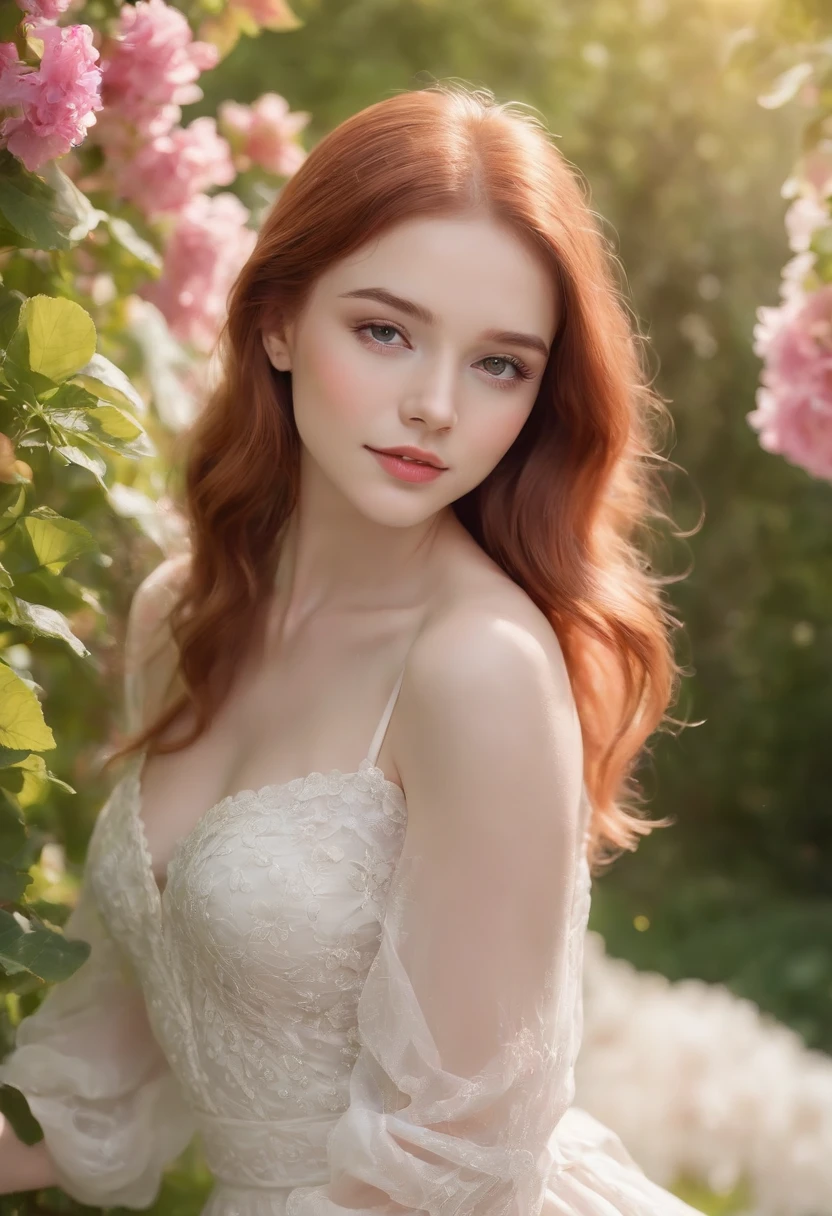 (best quality,4k,8k,highres,masterpiece:1.2),ultra-detailed,(realistic,photorealistic,photo-realistic:1.37), Gorgeous redhead, long straight hair, sparkling green eyes, delicate freckles, rosy cheeks, and a bright smile. The girl is standing in a lush garden surrounded by vibrant flowers and tall trees. Her hair gently sways in the breeze, adding a touch of elegance to her appearance. She is wearing a flowing white dress that complements her vibrant hair color. The sunlight filters through the leaves, casting a warm and soft glow on her youthful face. The garden is filled with various shades of pink, purple, and yellow flowers, creating a visually stunning backdrop. Birds chirp in the distance, adding a sense of tranquility to the scene. The overall color palette is vibrant and saturated, emphasizing the beauty of the surroundings. The lighting is soft and natural, showcasing the girl's radiant features.