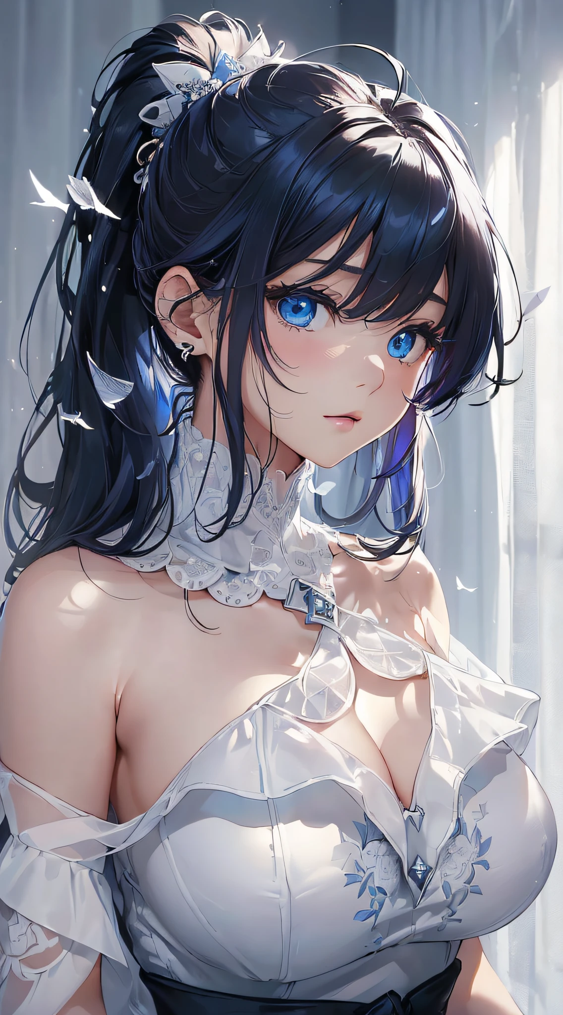 top-quality、Top image quality、masterpiece、girl with((cute little、18year old、Best Bust、Medium bust、Bust 85,Beautiful blue eyes、Breasts wide open,Ponytail with black hair、A slender、Blue hair mesh、white sexy dress、White short skirt、Brewing tea))hiquality、Beautiful Art、Background with((Large White Room、White lighting,White curtains are fluttering)),masutepiece、Elaborate design、visualart、depth of fields、The best lighting、highestdetailed、8k