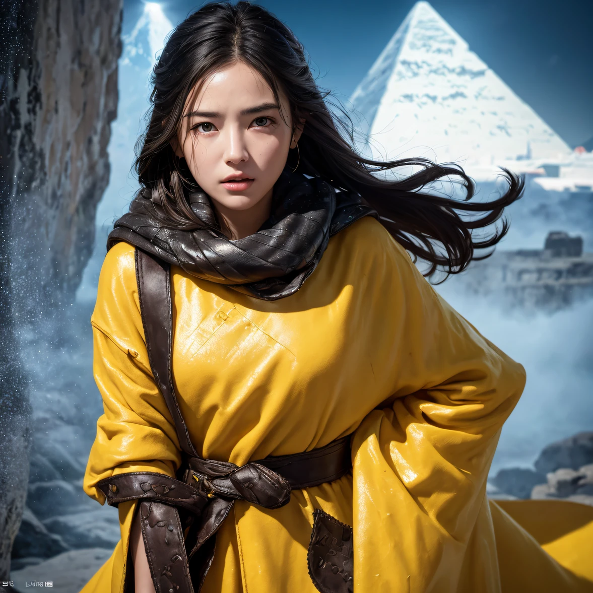 Realistic painting_book_cover:1.3,  girl goes to the pyramids，CG Giant, Smooth CG art, Realistic. Cheng Yi, Realistic secret style, A lovely secret rendering, Rendu portrait 8k, Render character art 8 K, Kawaii realistic portrait， （Linen batik scarf）， Angry fighting stance， looking at the ground， Batik linen bandana， Chinese python pattern long-sleeved garment，Uncharted（Abstract propylene splash：1.2）， Dark clouds lightning background，废墟（realisticlying：1.4），Black color hair，Flour fluttering，Telephoto lens high， A high resolution， the detail， RAW photogr， Sharp Re， Nikon D850 Film Stock Photo by Jefferies Lee 4 Kodak Portra 400 Camera F1.6 shots, Rich colors, ultra-realistic vivid textures, Dramatic lighting，8K quality, Girls，Backstreets， Dark clouds lightning background（realisticlying：1.4），Black color hair，Uncharted， RAW photogr， Sharp Re， Nikon D850 Film Stock Photo by Jefferies Lee 4 Kodak Portra 400 Camera F1.6 shots, Rich colors, ultra-realistic vivid textures, Drama light film CG agency，Tropical canyon battle scene、Chinese big breasts、Vintage trench coat、three kingdom、ember、100 people、Faraway view、intense battles、high detal、masuter piece、NSFW，Multi-layered long-sleeved gauze garment，Quick-drying vest，Colorful cotton and linen sweater，Red and black snake cloak cloak，Doomsday ruins（Uncharted）Climb the streets（Armageddon）eyes filled with angry，He clenched his fists v