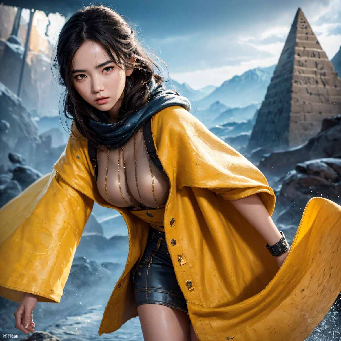 Realistic painting_book_cover:1.3, Little girl goes to the pyramids，CG Giant, Smooth CG art, Realistic. Cheng Yi, Realistic secret style, A lovely secret rendering, Rendu portrait 8k, Render character art 8 K, Kawaii realistic portrait， （Linen batik scarf）， Angry fighting stance， looking at the ground， Batik linen bandana， Chinese python pattern long-sleeved garment，Uncharted（Abstract propylene splash：1.2）， Dark clouds lightning background，废墟（realisticlying：1.4），Black color hair，Flour fluttering，Telephoto lens high， A high resolution， the detail， RAW photogr， Sharp Re， Nikon D850 Film Stock Photo by Jefferies Lee 4 Kodak Portra 400 Camera F1.6 shots, Rich colors, ultra-realistic vivid textures, Dramatic lighting，8K quality, Girls，Backstreets， Dark clouds lightning background（realisticlying：1.4），Black color hair，Uncharted， RAW photogr， Sharp Re， Nikon D850 Film Stock Photo by Jefferies Lee 4 Kodak Portra 400 Camera F1.6 shots, Rich colors, ultra-realistic vivid textures, Drama light film CG agency，Tropical canyon battle scene、Chinese big breasts、Vintage trench coat、three kingdom、ember、100 people、Faraway view、intense battles、high detal、masuter piece、NSFW，Multi-layered long-sleeved gauze garment，Quick-drying vest，Colorful cotton and linen sweater，Red and black snake cloak cloak，Doomsday ruins（Uncharted）Climb the streets（Armageddon）eyes filled with angry，He clenched his fists v