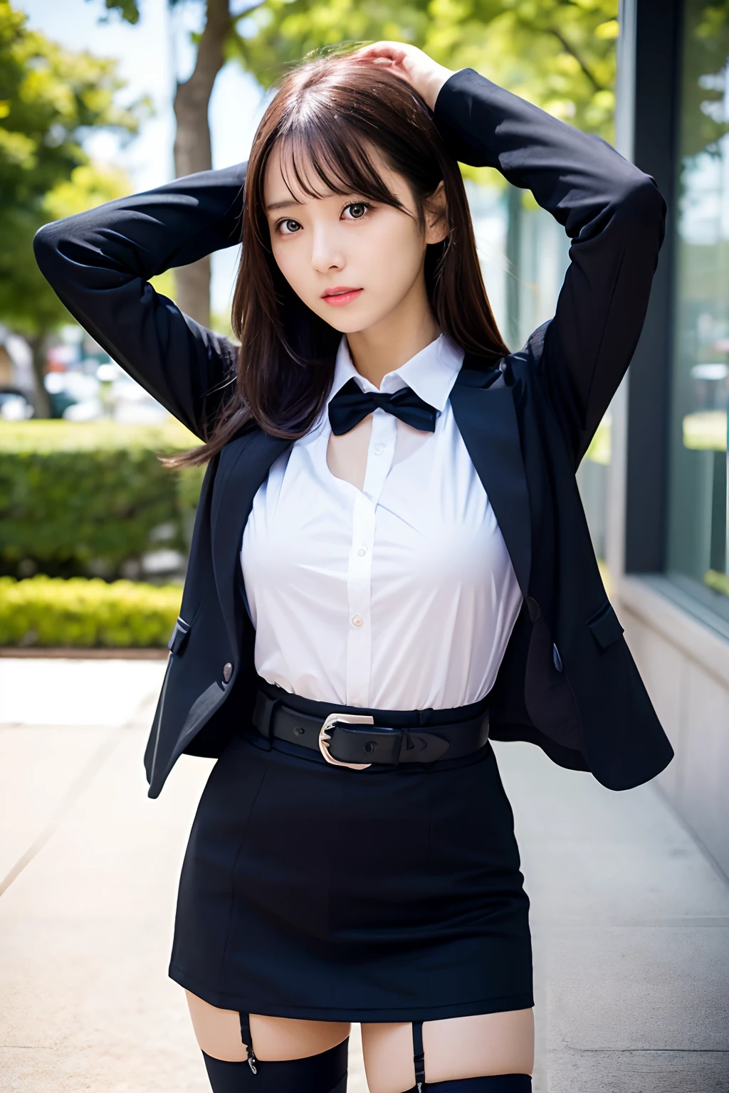 (masutepiece:1.2),High quality,vivd colour,flat-colors,Deep Depth Of Field,Lens Flare,1 girl,Black hair,eyecontact,Suit,Collared shirt,Belt bag,suspenders,Professional,Office Lady,Mature Women,Black mini skirt　garterbelts　knee high　Stockings　Black Niso　Colorcon armpit sweat　perspiring　Side of both hands,Black jacket,Gaze,ample bosom,Armpit sweat,Exposing the armpits"Pichi Pichi clothes