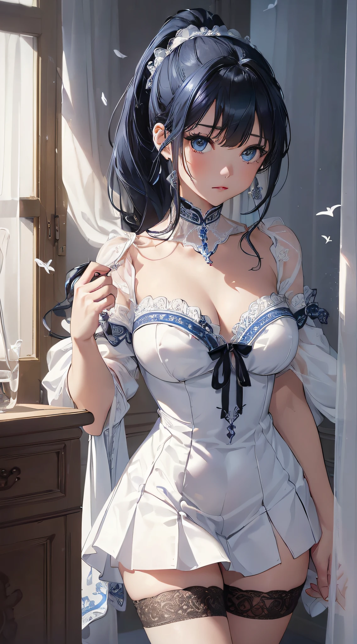 top-quality、Top image quality、​masterpiece、girl with((cute little、18year old、Best Bust、Medium bust、Bust 85,Beautiful blue eyes、Breasts wide open,Ponytail with black hair、A slender、Blue hair mesh、white sexy dress、White short skirt、Brewing tea)）hiquality、Beautiful Art、Background with((Large White Room、White lighting,White curtains are fluttering)),masutepiece、Elaborate design、visualart、depth of fields、The best lighting、highestdetailed、8ｋ