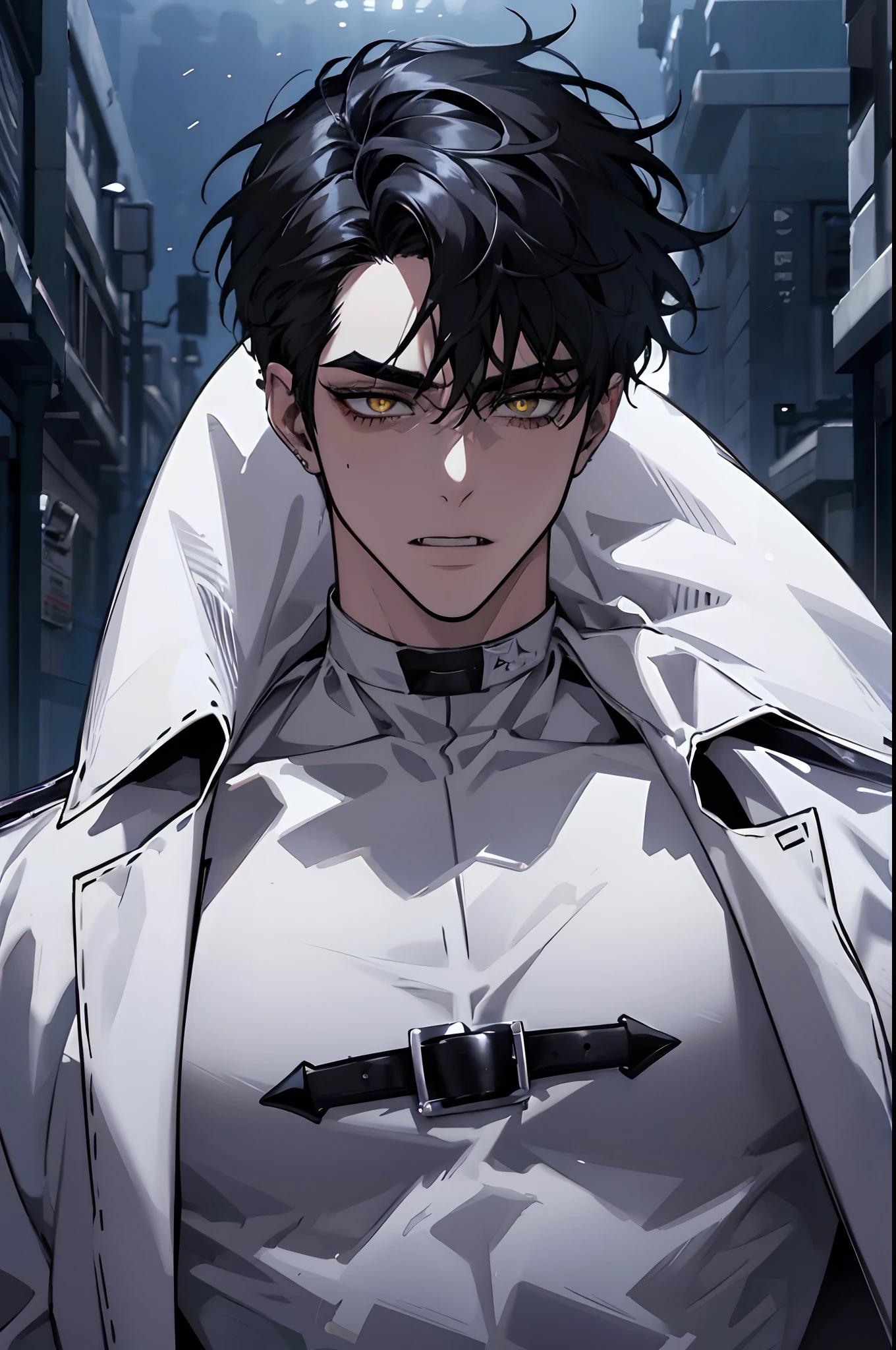 Manhwa European Art, 25-year-old man, Chaotic headboard hair, Black Hair Jet, piercing eyes, Thick Eyebrows, Wear a vampire costume, Yellow eyes, pointy ears, Fangs protruding from his mouth, Blood flowing from his mouth.., Threatening.., sexy, sensual, Sharp jawline, visionary, Cold and mysterious character, 8k, Detailed features, very handsome