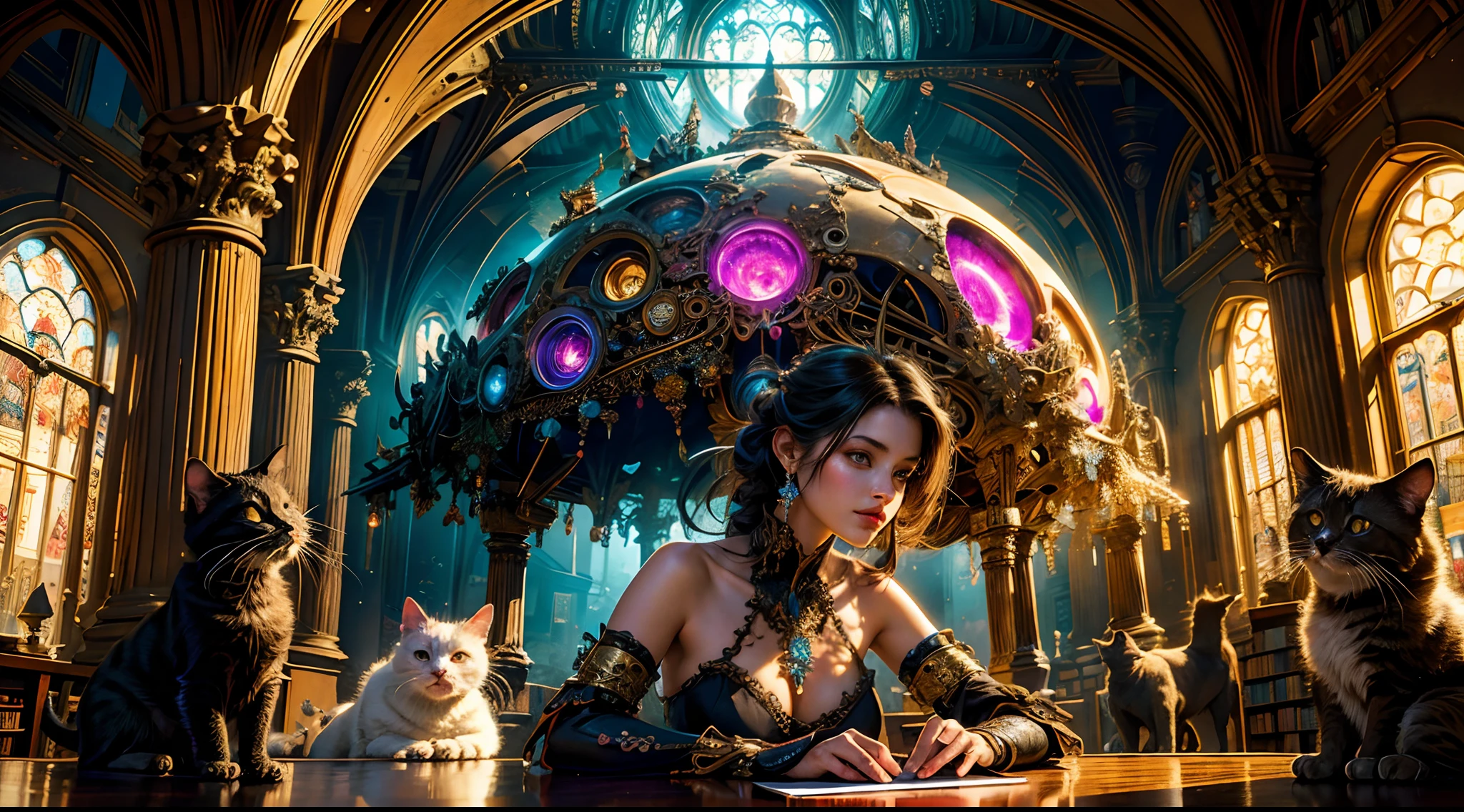 (masterpiece, top quality, best quality, official art, beautiful and aesthetic:1.2), (1girl), extreme detailed, (fractal art:1.3), ((1girl)), highest detailed, woman and cats in a cosy library, vibrant colors, soft lighting.