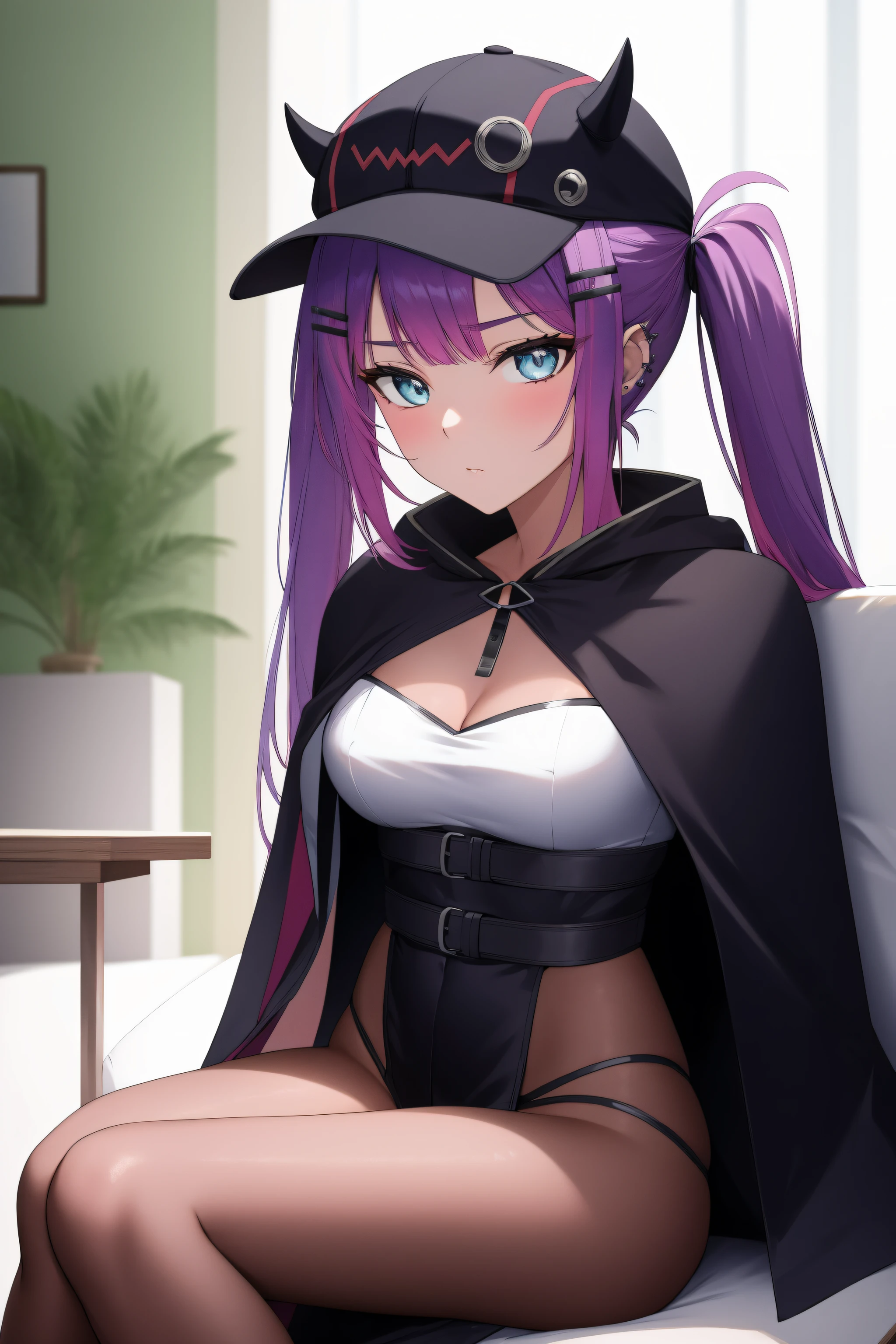 (day:1.7), sky background,a blue sky and clouds,
sitting at attention,sitting on couch,
purple dress,black_cape, cloak,robe,
aatowa, long hair, twintails, black headwear, baseball cap, fake horns, hairclip, piercing, demon tail,
1 girl, 20yo,young female,Beautiful Finger,Beautiful long legs,Beautiful body,Beautiful Nose,Beautiful character design, perfect eyes, perfect face,
looking at viewer, (innocent_big_eyes:1.0),(expressionless:1.3),
NSFW,official art,extremely detailed CG unity 8k wallpaper, perfect lighting,Colorful, Bright_Front_face_Lighting,
(masterpiece:1.0),(best_quality:1.0), ultra high res,4K,ultra-detailed,
photography, 8K, HDR, highres, absurdres:1.2, Kodak portra 400, film grain, blurry background, bokeh:1.2, lens flare, (vibrant_color:1.2)
(Beautiful,medium_Breasts:1.4), (beautiful_face:1.5),(narrow_waist),(perfect hands, perfect anatomy),