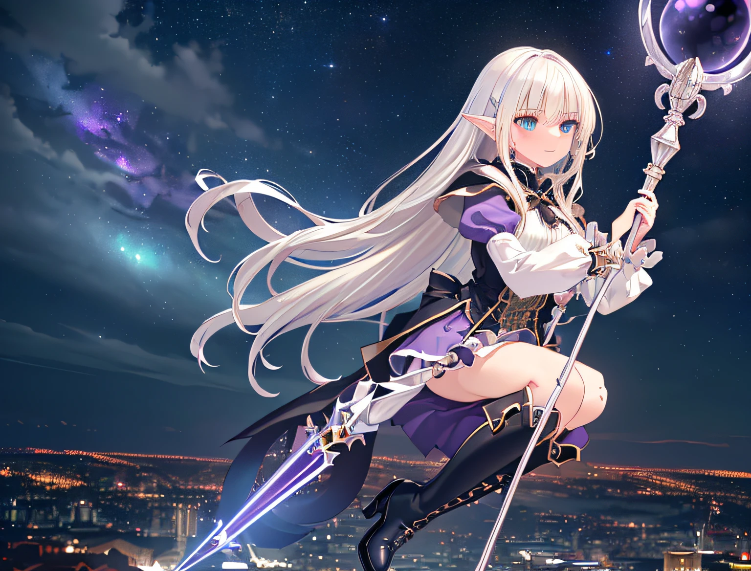 (Official art、Best Quality、Unity 8k Wallpapers、32K、masterpiece、ultra-detailliert、超A high resolution、realisitic、Photorealsitic:1.2)、(Cinematic lighting:1.2)、Fireglow effect、film grains、Best Shadows、Rim lighting、side lights、sideshot、(Ultra-detailed and complex 3D rendering)、Detailed beautiful face and eyes、Sharp pupils、Realistic pupils、A slender、1Man Woman、Medium bust、(Full body:1.2)、 beauitful face、16-year-old beautiful girl、(super detailed skin、detailed skin textures:1.3)、(platinum-blonde、Silver hair:1.3)、waved hair、Blunt bangs、green colored eyes、elf-ears、magical girl costume、A slender、white shirt、Costumes with frills、frills skirt、knee sox、(thighs thighs thighs thighs:0.8)、Black boots、(Fantastic and beautiful night sky、Medieval city at night、On the roof:1.2)、(Human soul in the night sky、Fantastical:1.3)、(carrying a magical staff:1.3)、(Looking away、overlooking a city:1.3)、Fantastical、Gentle smile、I opened my mouth a little、