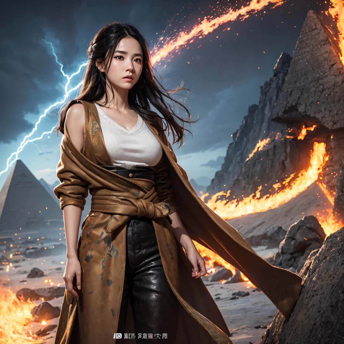Realistic painting_book_cover:1.3, girl goes to the pyramids,CG Giant, Smooth CG art, Realistic. Cheng Yi, Realistic secret style, A lovely secret rendering, Rendu portrait 8k, Render character art 8 K, Kawaii realistic portrait, (Linen batik scarf), Angry fighting stance, looking at the ground, Batik linen bandana, Chinese python pattern long-sleeved garment,Uncharted(Abstract propylene splash:1.2), Dark clouds lightning background,废墟(realisticlying:1.4),Black color hair,Flour fluttering,Telephoto lens high, A high resolution, the detail, RAW photogr, Sharp Re, Nikon D850 Film Stock Photo by Jefferies Lee 4 Kodak Portra 400 Camera F1.6 shots, Rich colors, ultra-realistic vivid textures, Dramatic lighting,8K quality, Girls,Backstreets, Dark clouds lightning background(realisticlying:1.4),Black color hair,Uncharted, RAW photogr, Sharp Re, Nikon D850 Film Stock Photo by Jefferies Lee 4 Kodak Portra 400 Camera F1.6 shots, Rich colors, ultra-realistic vivid textures, Drama light film CG agency,Tropical canyon battle scene、Chinese big breasts、Vintage trench coat、three kingdom、ember、100 people、Faraway view、intense battles、high detal、masuter piece、NSFW,Multi-layered long-sleeved gauze garment,Quick-drying vest,Colorful cotton and linen sweater,Red and black snake cloak cloak,Doomsday ruins(Uncharted)Climb the streets(Armageddon)eyes filled with angry,He clenched his fists
