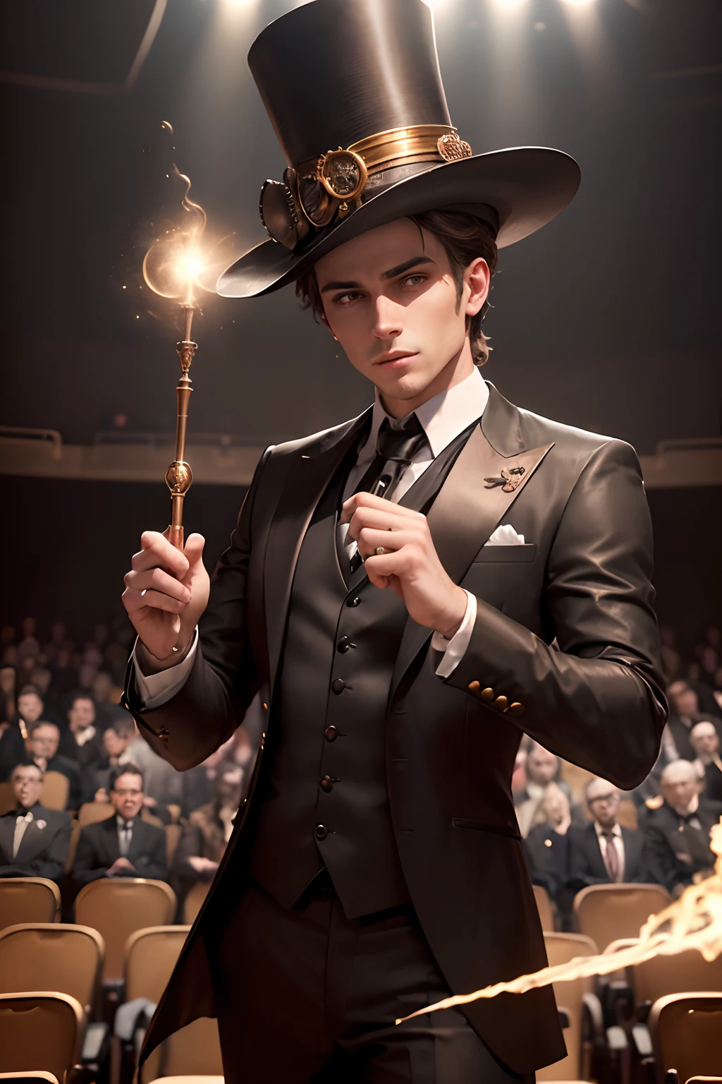 Detailed image of a magician with (brown hair) and (a magicians black and white suit and tie, along with hat) (preforming in front of a large crowd in a bronze auditorium)) ((Holding a performer’s magic wand that casts spells out of it)) (extremely detailed) ((Magic floating around everywhere- Magic powers)) (Fantastical) (Steampunk auditorium) (Steampunk suit aesthetic) (Full auditorium) (People cheering and clapping)