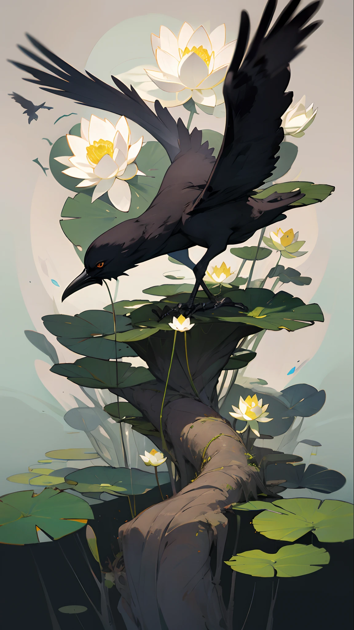 Lotus, roots, earth, crow