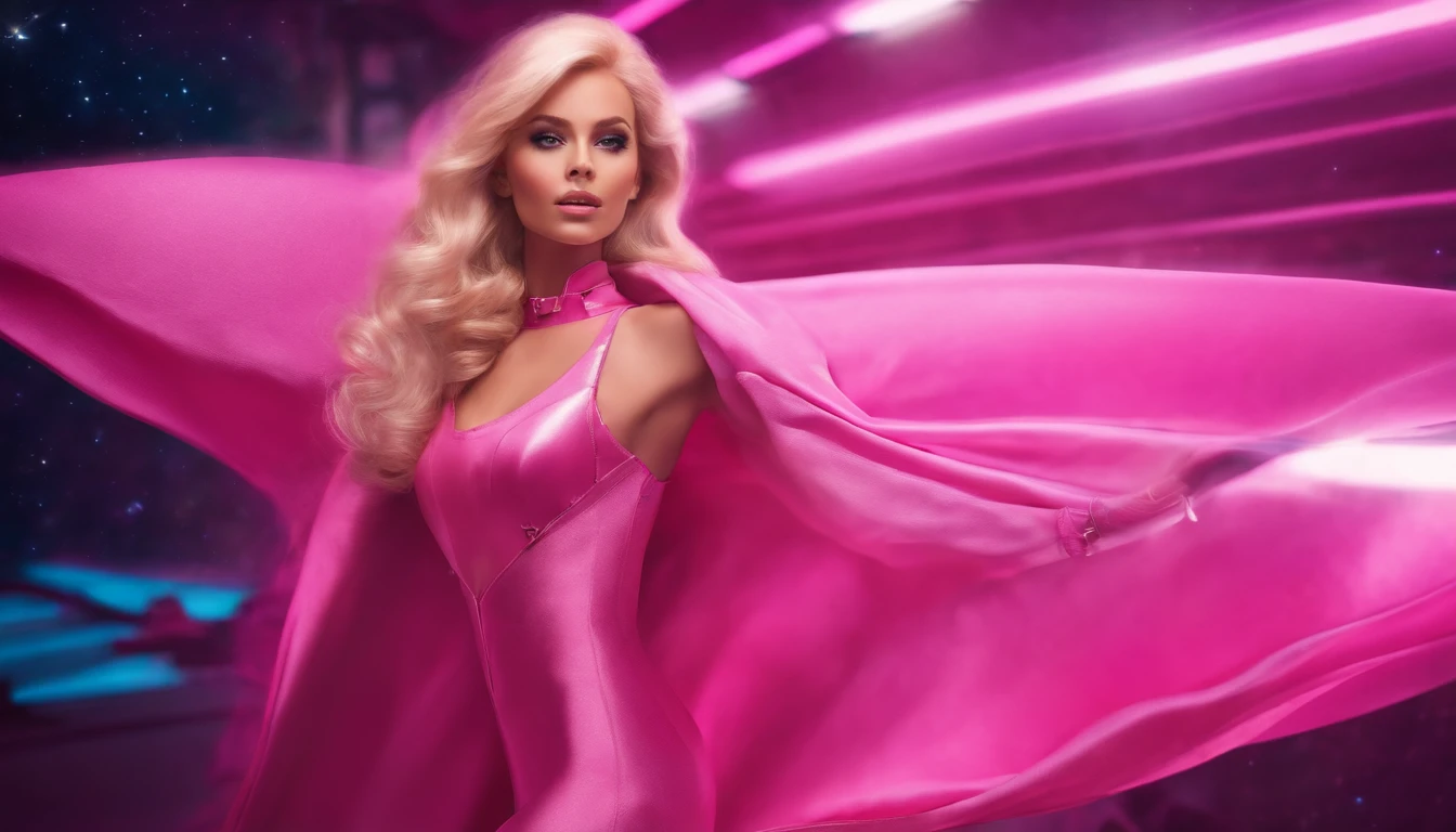 high quality, futuristic, blonde girl like barbie, pink outfit, flying in space