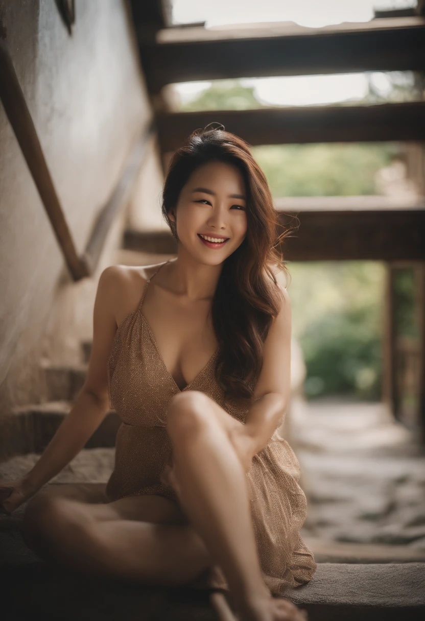 Windcut Hair, top-quality, 8K, 32K, ​masterpiece, phot of a beautiful Japanese women,Beige bikini、Saggy belly、great laughter、look at a camera、Climb the stairs、skin whitening、Hot and sweaty