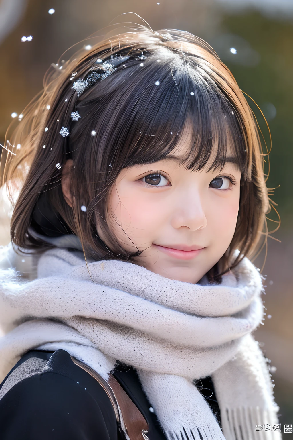 ((Show face only、Close-up of face、no-makeup))、(realisitic、Photorealsitic、ultra-detailliert、Highest Details Skins、top-quality、masterpiece、超A high resolution)、Cute Japan Woman、、hi-school girl、younggirl、1 girl in、I have bangs、二重まぶた、drooing eyes、Large black eyes、Japanese style face、ssmile、Charming、purity、Straight face、double tooth、View here、Realistic skin type、Thick muffler、Grey muffler、fluffy hair、((Hair is inside the scarf:1.3))、Red cheeks、The wind is blowing、It's snowing、illuminations、Lighting from behind