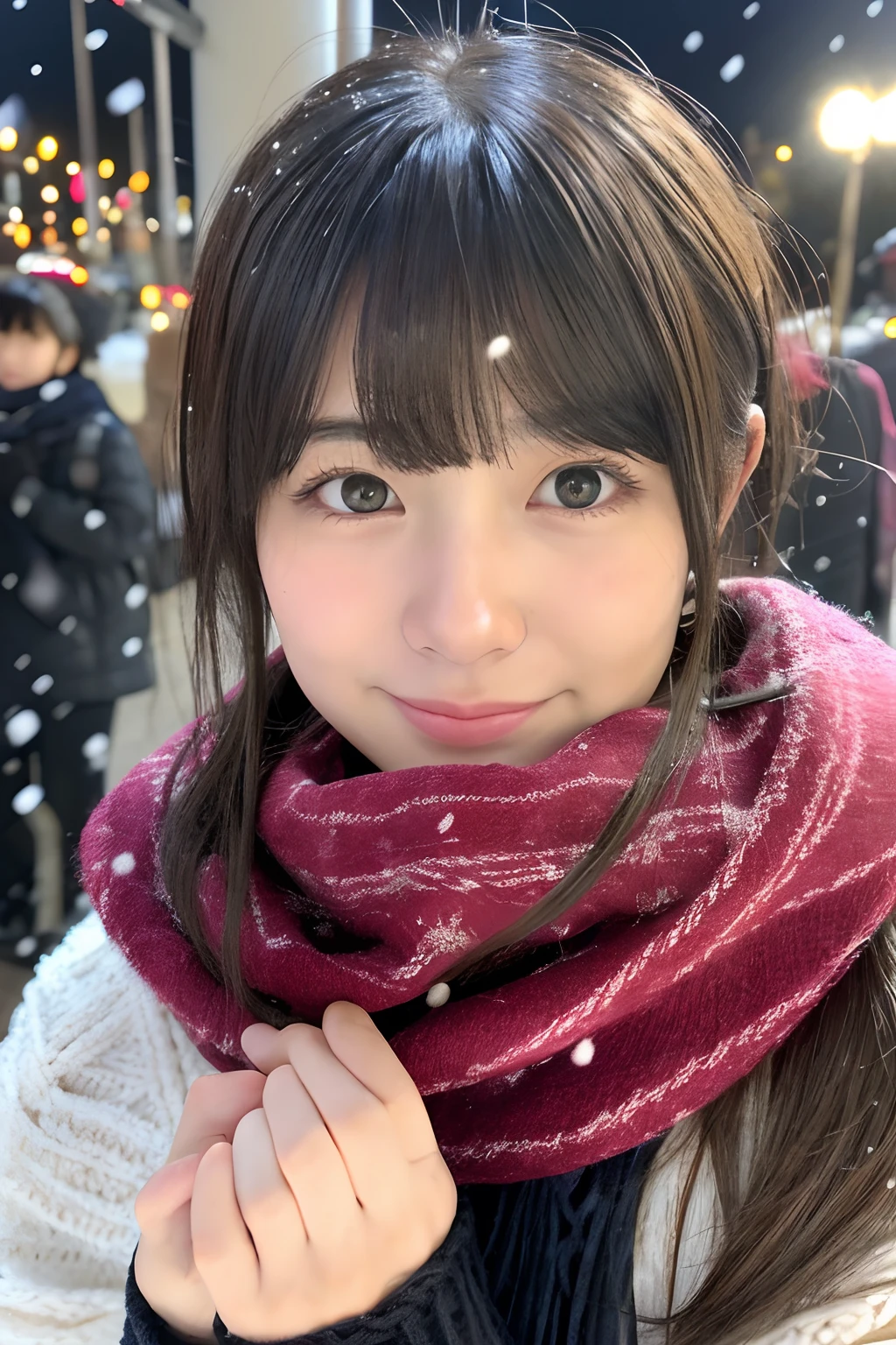 ((Show face only、Close-up of face、no-makeup))、(realisitic、Photorealsitic、ultra-detailliert、Highest Details Skins、top-quality、​masterpiece、超A high resolution)、Cute Japan Woman、17 age、hi-school girl、younggirl、1 girl in、I have bangs、二重まぶた、drooing eyes、Large black eyes、Japanese style face、ssmile、Charming、purity、Straight face、double tooth、View here、Realistic skin type、Thick muffler、Grey muffler、fluffy hair、((Hair is inside the scarf:1.3))、Red cheeks、The wind is blowing、It's snowing、illuminations、Lighting from behind