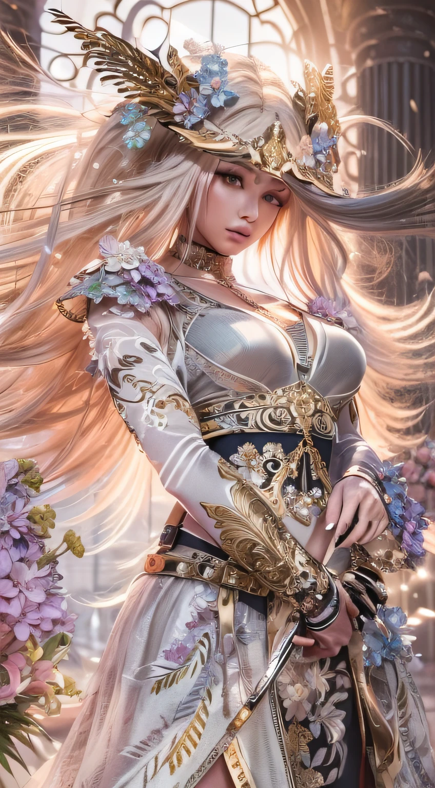 best quality,4k,8k,highres,masterpiece:1.2,metallic feather sword,shimmering blade,sharp edges,glowing feather tips,engraved patterns,ornate hilt,ornamental silver feathers,ethereal glow,ultra-detailed,realistic:1.37,portraits,studio lighting,vivid colors,sharp focus,physically-based rendering,detailed sword hilt details,gleaming highlights,soft shadows,colorful feathers,subtle gradient background,eye-catching composition,enhanced contrast,scene with one woman holding the sword,her eyes staring fiercely,her lips in a determined expression,dressed in elegant flowing garments,her hair billowing in the wind,standing in a mystical garden,overgrown with vibrant flowers and lush greenery,the sun casting a warm golden light,creating a magical atmosphere.woman，High definition 3D wallpaper