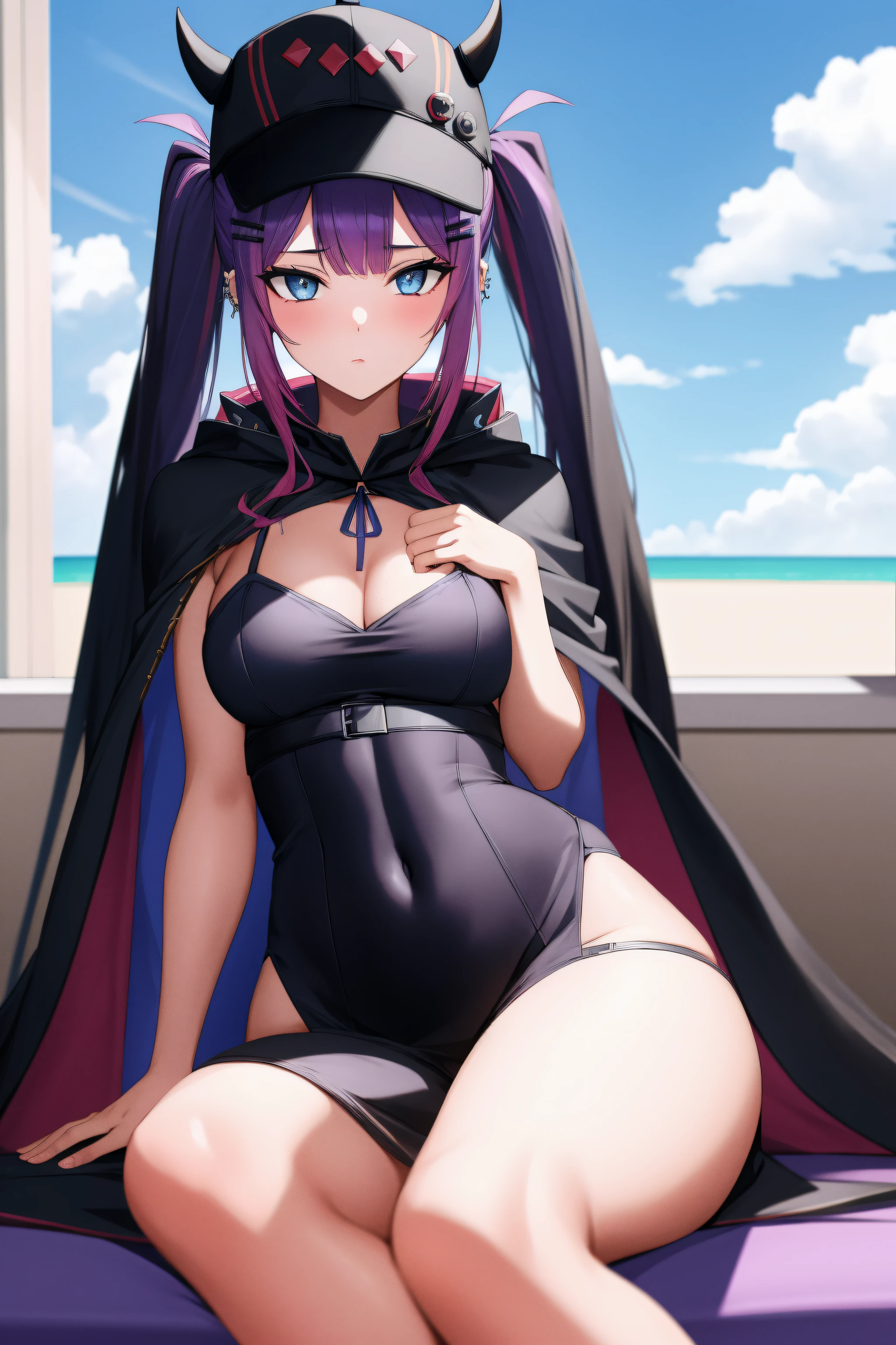 (day:1.7), sky background,a blue sky and clouds,
sitting at attention,sitting on couch,
purple dress,black_cape, cloak,robe,
aatowa, long hair, twintails, black headwear, baseball cap, fake horns, hairclip, piercing, demon tail,
1 girl, 20yo,young female,Beautiful Finger,Beautiful long legs,Beautiful body,Beautiful Nose,Beautiful character design, perfect eyes, perfect face,
looking at viewer, (innocent_big_eyes:1.0),(expressionless:1.3),
NSFW,official art,extremely detailed CG unity 8k wallpaper, perfect lighting,Colorful, Bright_Front_face_Lighting,
(masterpiece:1.0),(best_quality:1.0), ultra high res,4K,ultra-detailed,
photography, 8K, HDR, highres, absurdres:1.2, Kodak portra 400, film grain, blurry background, bokeh:1.2, lens flare, (vibrant_color:1.2)
(Beautiful,medium_Breasts:1.4), (beautiful_face:1.5),(narrow_waist),(perfect hands, perfect anatomy),