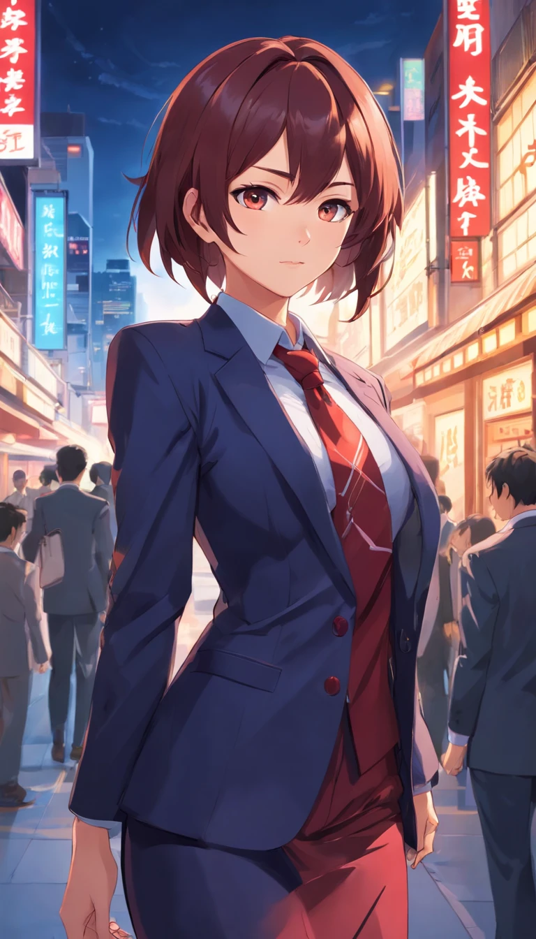 Anime girl in a suit,With a tie,cleavage,Large breasts, Beautiful Japan Devil Girl, Demon Slayer Beautiful Girl, epic and classy portrait, trends in the art station, crimson attire, black and red suit, highly detailed exquisite fanart, Beautuful Women
