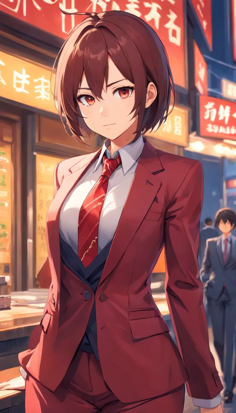 Anime girl in a suit,With a tie,cleavage,Large breasts, Beautiful Japan Devil Girl, Demon Slayer Beautiful Girl, epic and classy portrait, trends in the art station, crimson attire, black and red suit, highly detailed exquisite fanart, Beautuful Women