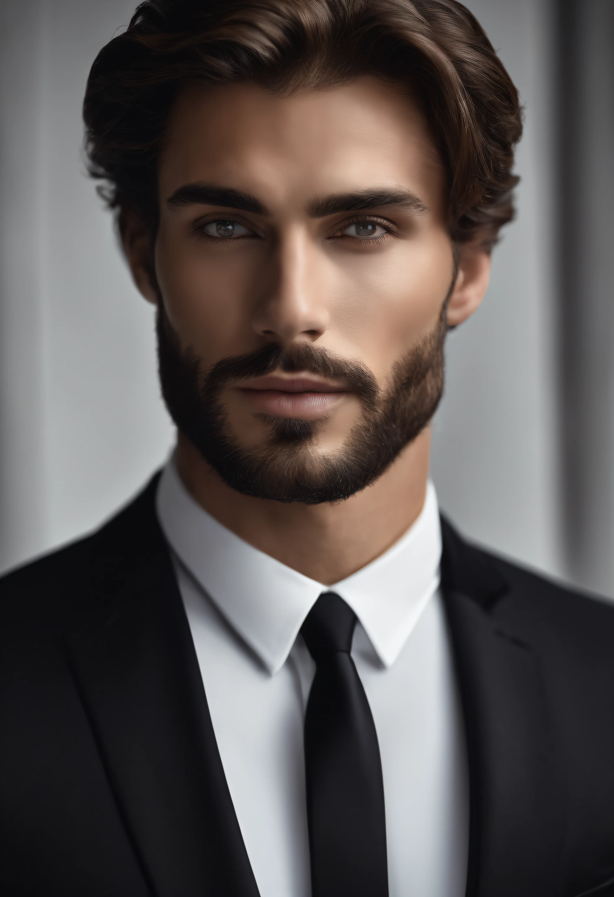 en haut、Faire un bel homme de 30 ans dans un costume noir et une cravate, PDG, cheveux et barbe bruns, (Homme en costume noir et cravate), ), (Utilisez une barbe,) Attractive and serious look, cheveux noirs courts, Elegant and elegant, Shave Tightly Fitting in Suit and Strong Body, (highly quality, Realistic images), Dark and light black on image background, Style de film, ((premier quality, 8k, tmasterpiece), Ultra High Definition Photo, (Beautiful detailed faces, detail skin texture, Hyperdetailed body:1.1)