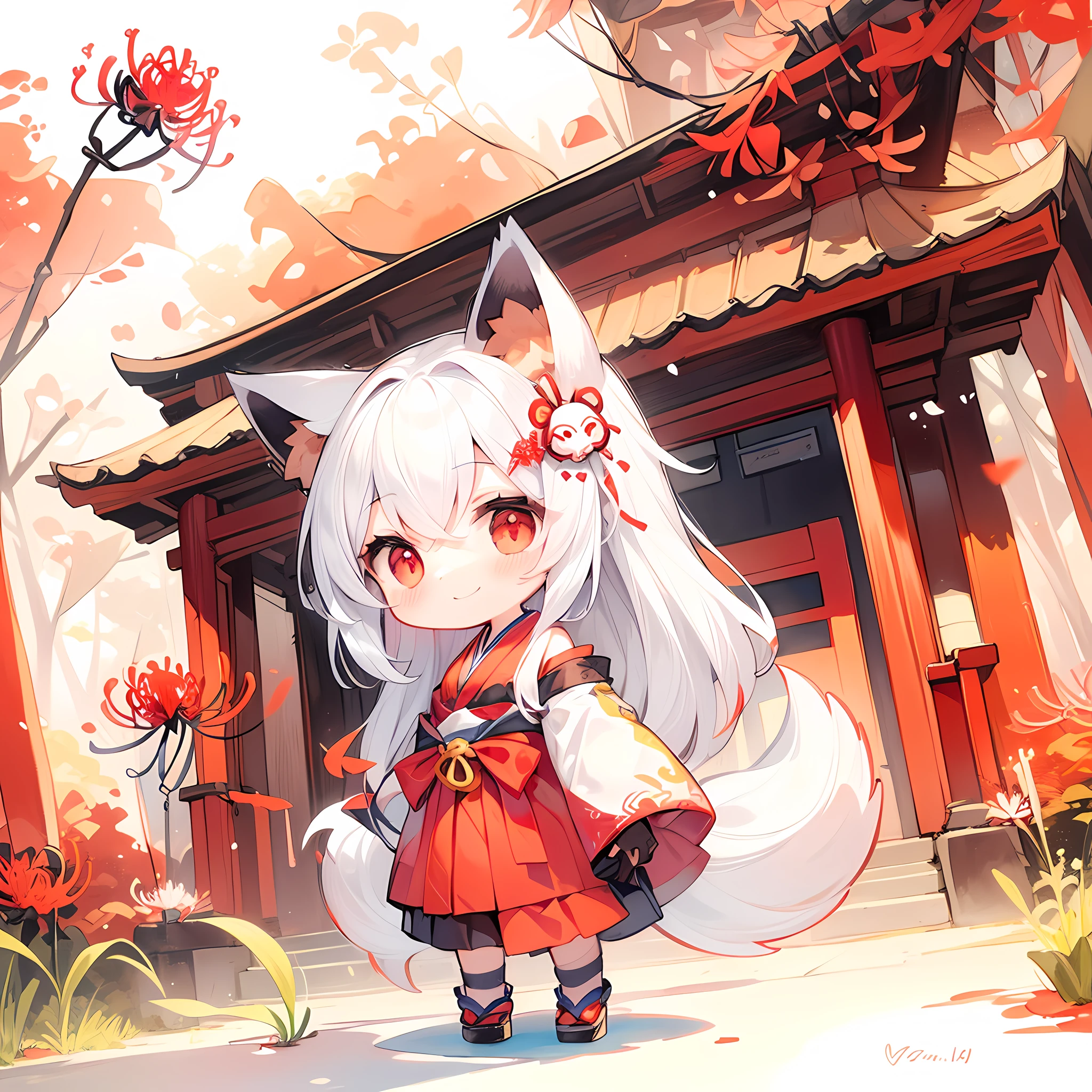 ((Concept art)), ((illstration)). (((Red Spider Lily))), girl with, A smile、Full body, Longhair, White hair, Red Eyes, fox ear, Red spider lily hair ornament, shrine maiden, Deformed, Chibi Character, Japanese style, watercolor paiting, Autumn、morning