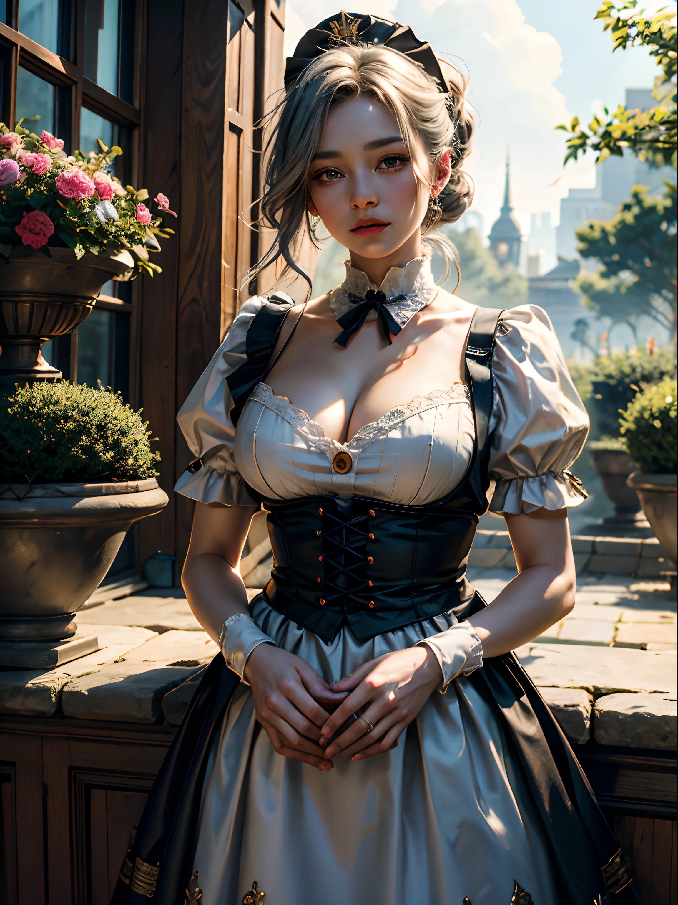 A girl in a maid uniform with grey hair, featuring a large bosom, is the centerpiece of this masterpiece. Her eyes, lips, and facial features are exquisitely detailed. The artwork is crafted using various materials such as illustrations, oil paintings, and 3D renders. The scene showcases a beautiful garden with vibrant colors and intricate textures. The lighting captures the ethereal beauty of the surroundings, adding depth and dimension to the image. The overall quality of the artwork is of the highest level, with a resolution of 8k, ensuring every detail is preserved. The style of the artwork is reminiscent of official art, with a touch of anime aesthetics. The color palette is carefully chosen to create a harmonious and visually appealing composition. The prompt emphasizes the importance of ultra-detailed rendering and photorealism, ensuring a professional and realistic representation of the maid girl.