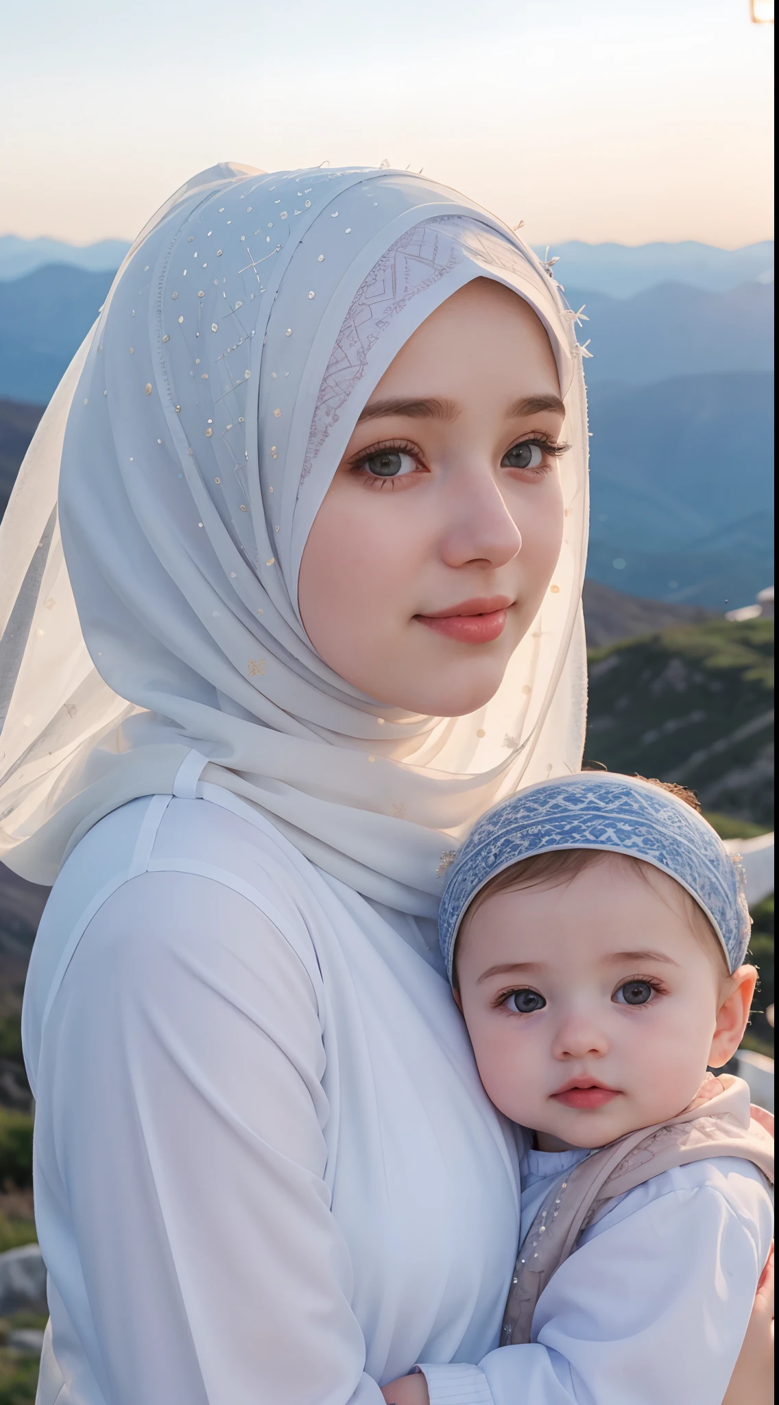 1 Girl, Beautiful, Russian Baby Face, 20 Years Old, White Skin, Hijab Muslim Outfit, Top of The Mountain Background, ((wind:1.3)), Kissing, ((bokeh:1.3)), Carrying Baby Girl, Perfect Body Anatomy, ((adorable:1.1)), ((masterpiece:1.1)), ((bluesky:1.1))