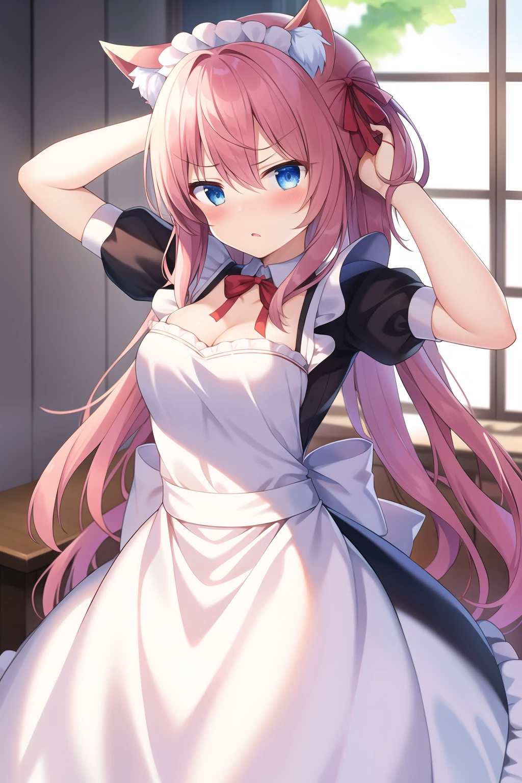 masterpiece, 1girl, animal ears, (hand on own head), anger, blush, Maid clothes