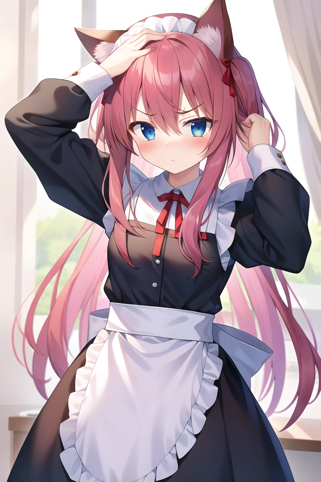 masterpiece, 1girl, animal ears, (hand on own head), anger, blush, Maid clothes