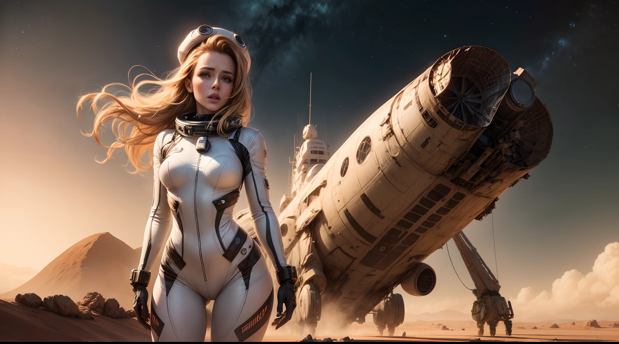 pechos enormes, A woman in a spacesuit wearing a spacesuit wearing a space cap standing next to a crashed sci-fi spaceship., Artistic trends, Caras femeninas realistas, Caras delicadas y atractivas, Arte mate, amarillo simple, se parece un poco a Amy Adams, desierto rojo Marte, Kylie Minogue como Barbarella, El estilo de Ian Hubert, Mapa Patreon, Colores de los 70, valeriana, sin dientes, Nave espacial estrellada en el fondo, Vista de cuerpo completo