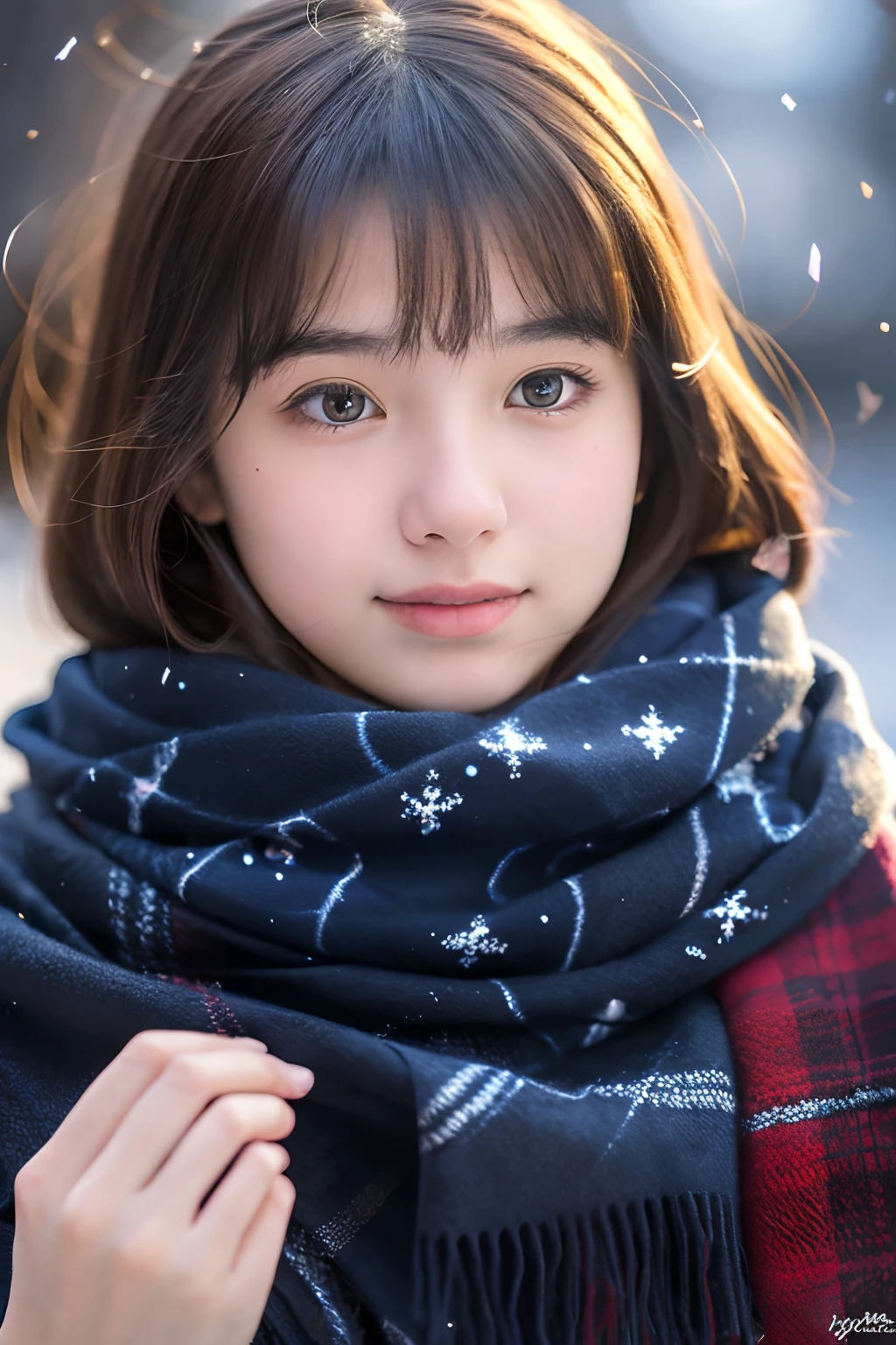 18-year-old girl, Shawl scarf, snowflakes falling, close up shot