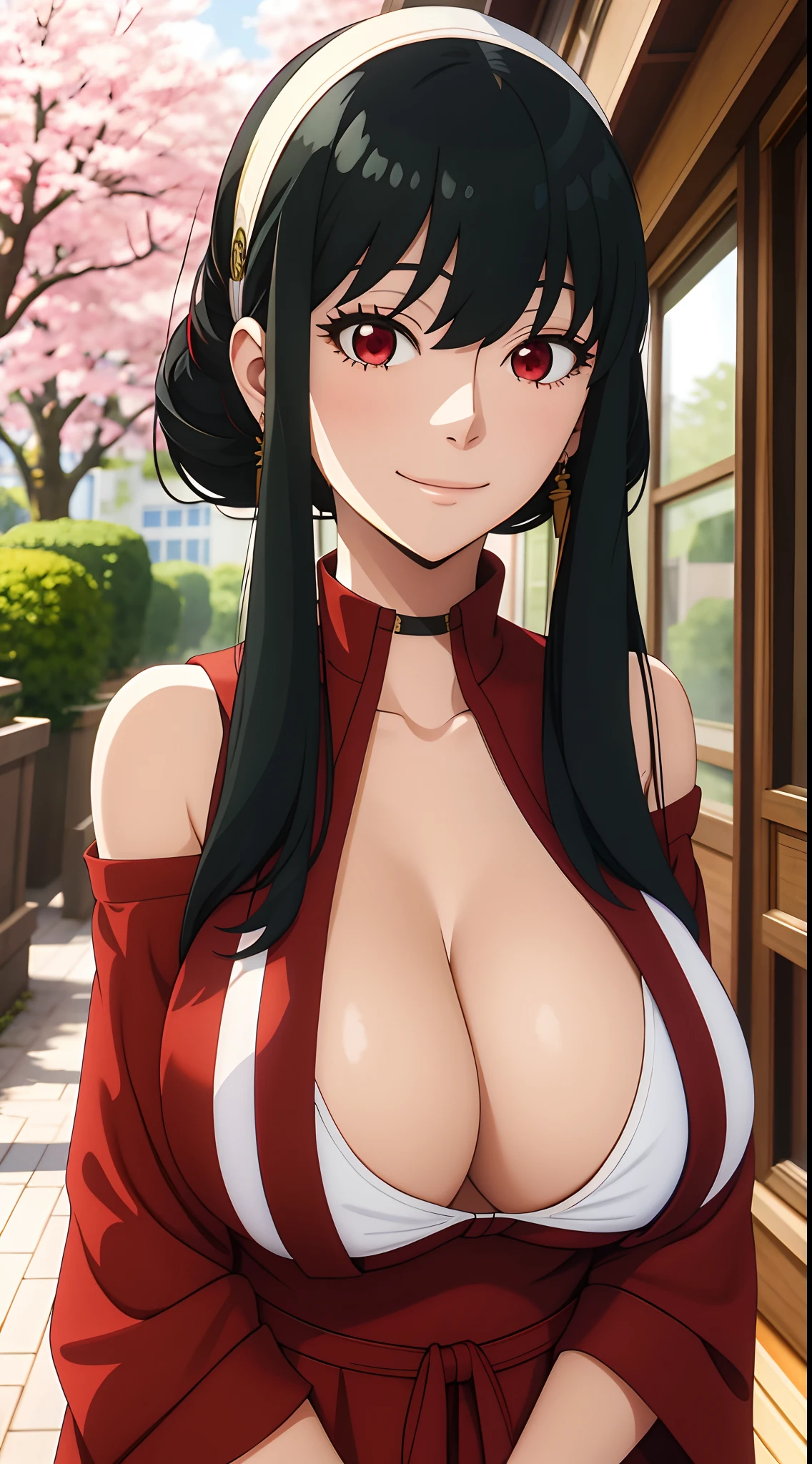 yor, Mature female,  bangs, side locks, Red eyes, Black hair, hair adornments, Huge breasts，sportrait, (face:1.2), schoolgirls, ssmile,bare shoulders​, Black hair, cherry blossom, cleavage, (Robe:1.21), 鎖骨, Willow Branch, (masterpiece best quality :1.2),