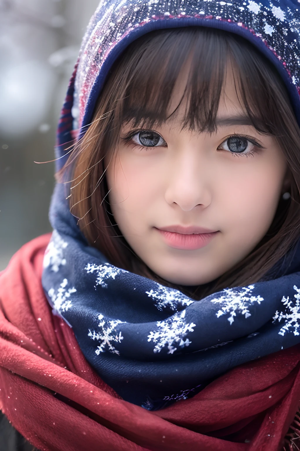 18-year-old girl, Shawl scarf, snowflakes falling, close up shot