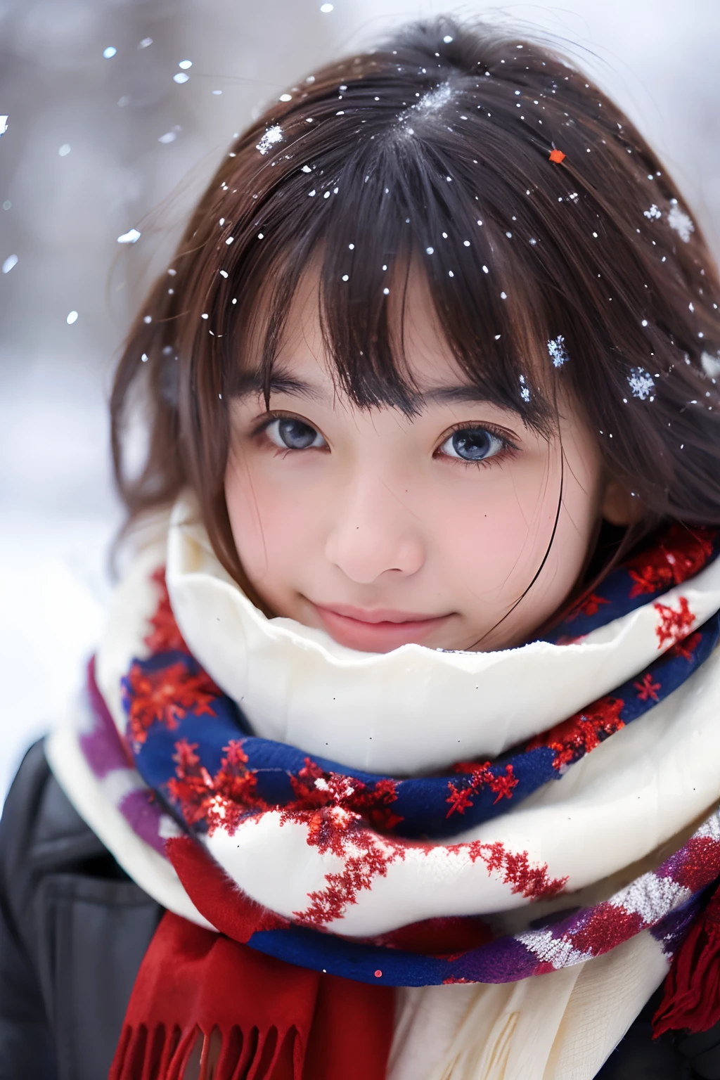 18-year-old girl, Shawl scarf, snowflakes falling, close up shot