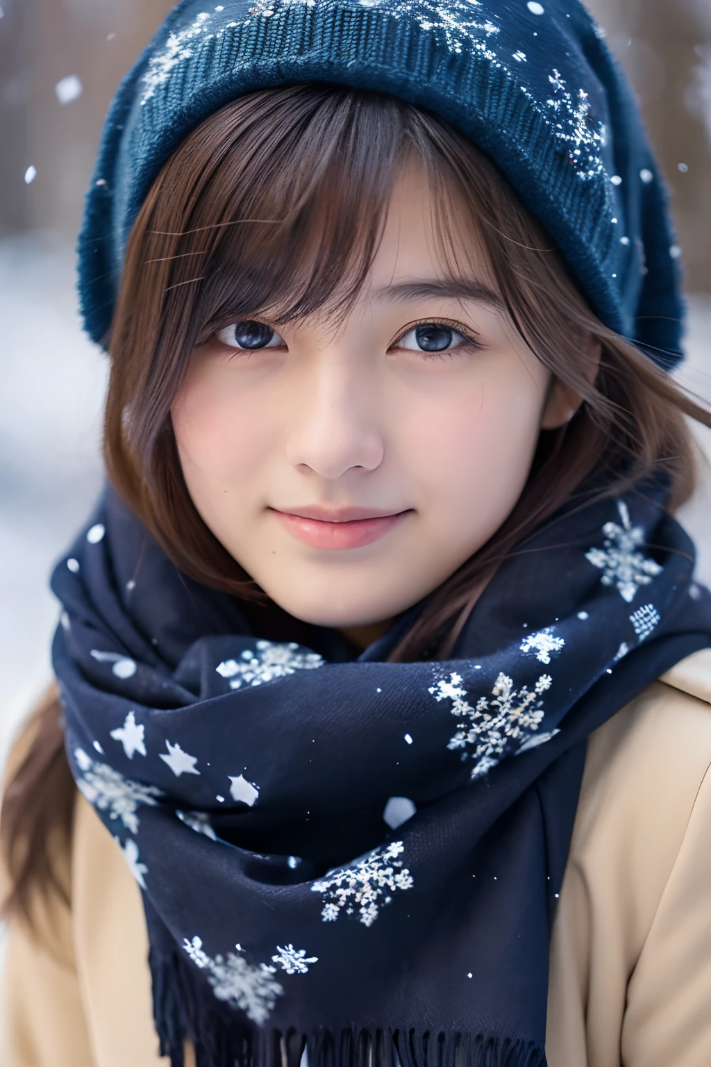 18-year-old girl, Shawl scarf, snowflakes falling, close up shot